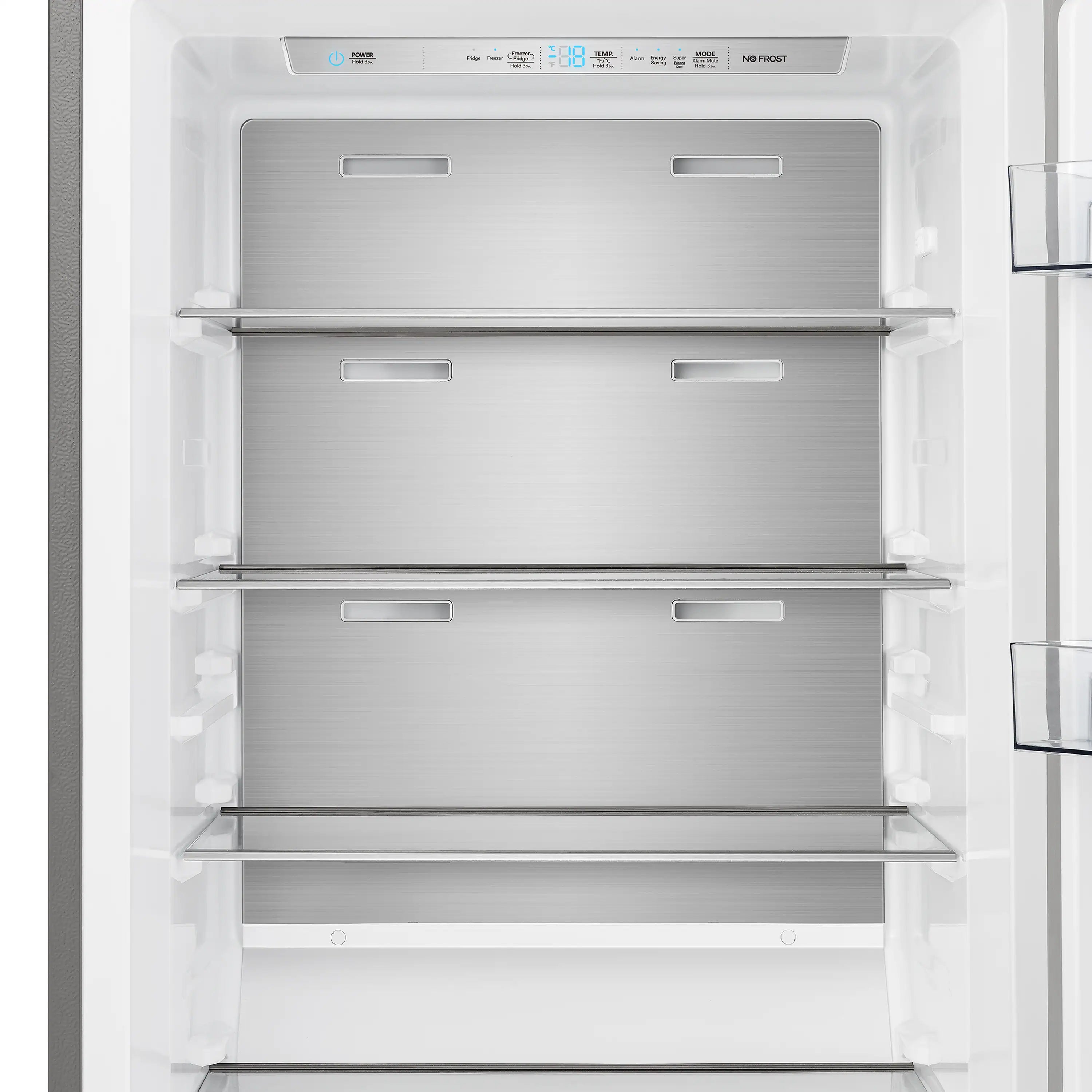 Refrigerator interior drawer section with three glass shelves and clear bins
