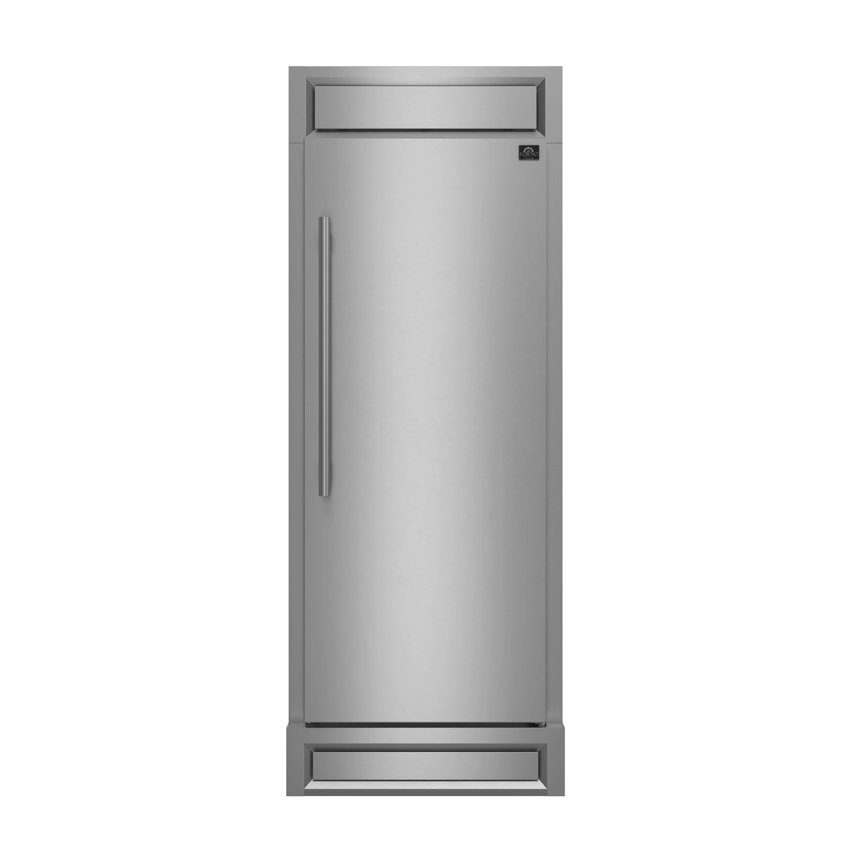Stainless steel built-in refrigerator/freezer with right-hinged door and decorative grille