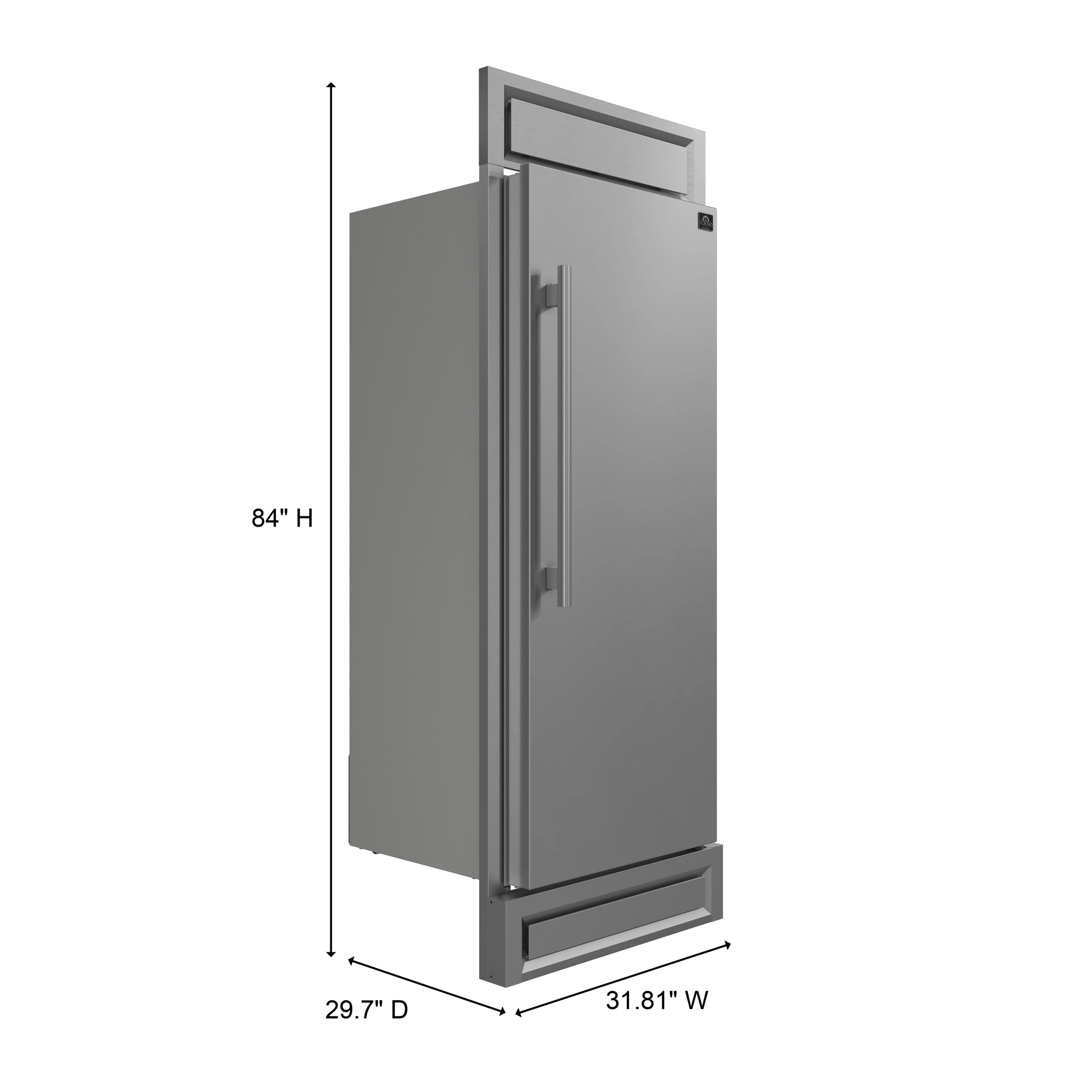 Stainless steel built-in convertible refrigerator/freezer, right-hinged door and grille trim