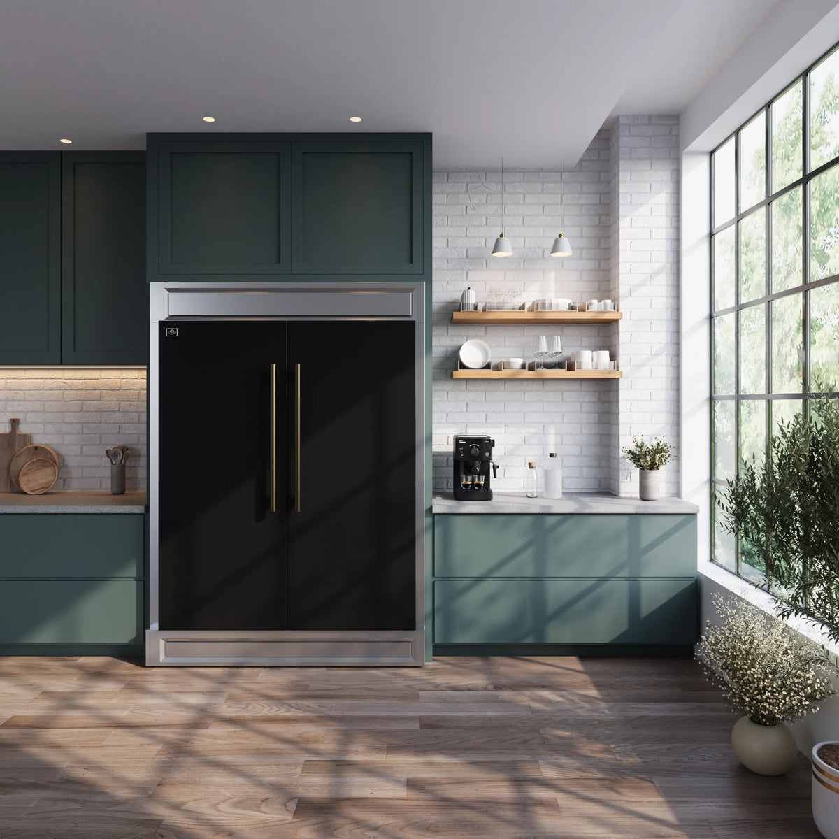Forno Maderno 60-Inch 27.2 Cu. Ft. Built-In Convertible Refrigerator and Freezer with Modern Trim in Black and Antique Brass shown in a styled kitchen