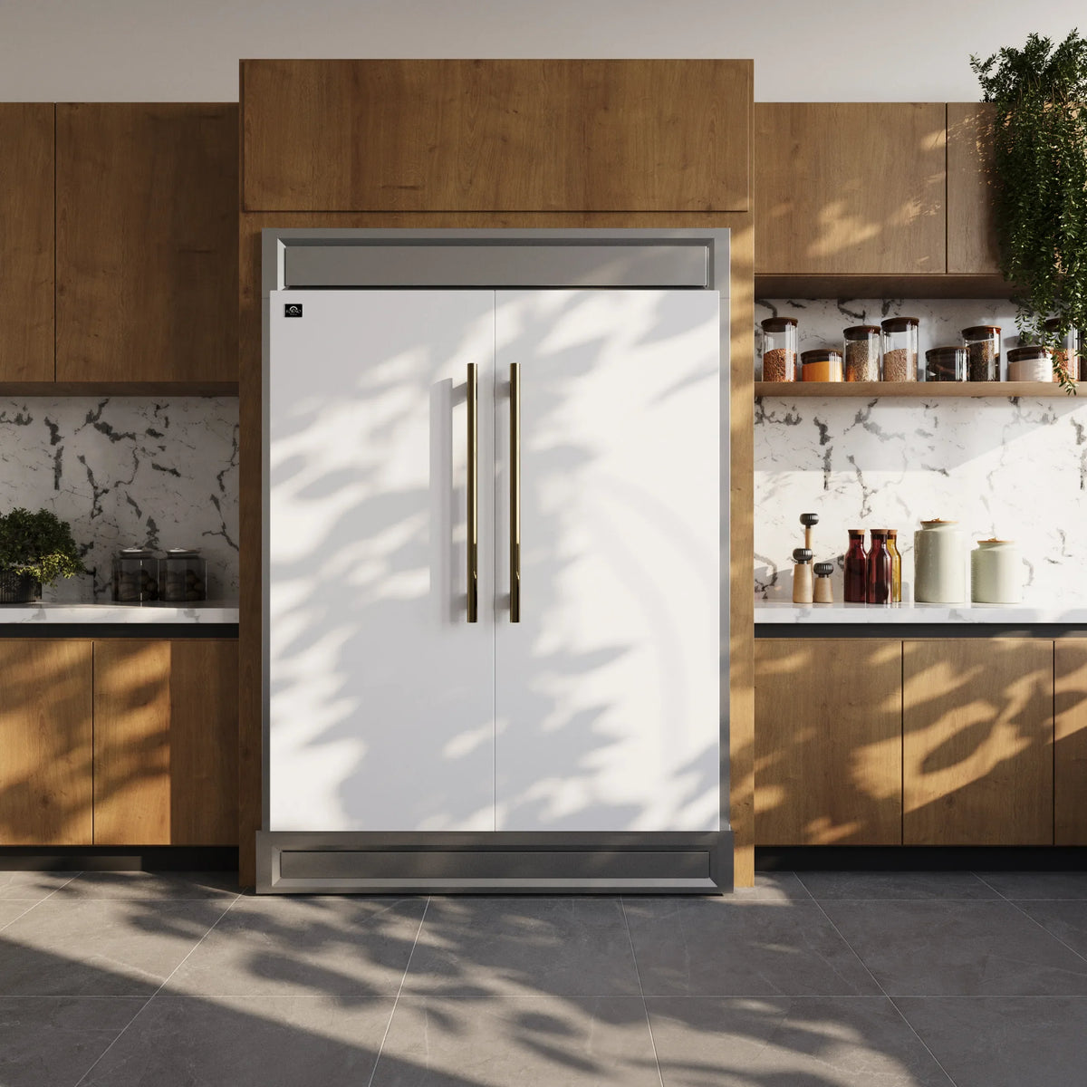 Forno Maderno 60-Inch 27.2 Cu. Ft. Built-In Convertible Refrigerator and Freezer  with Modern Trim in White and Antique Brass shown in a styled kitchen