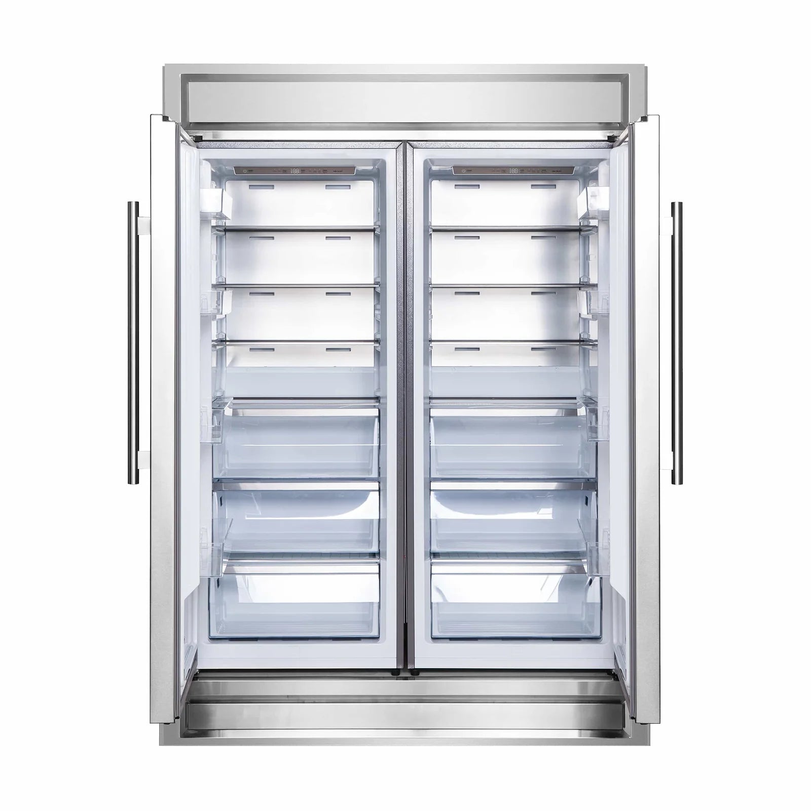 Stainless steel built-in refrigerator door open showing adjustable wire shelves and bins