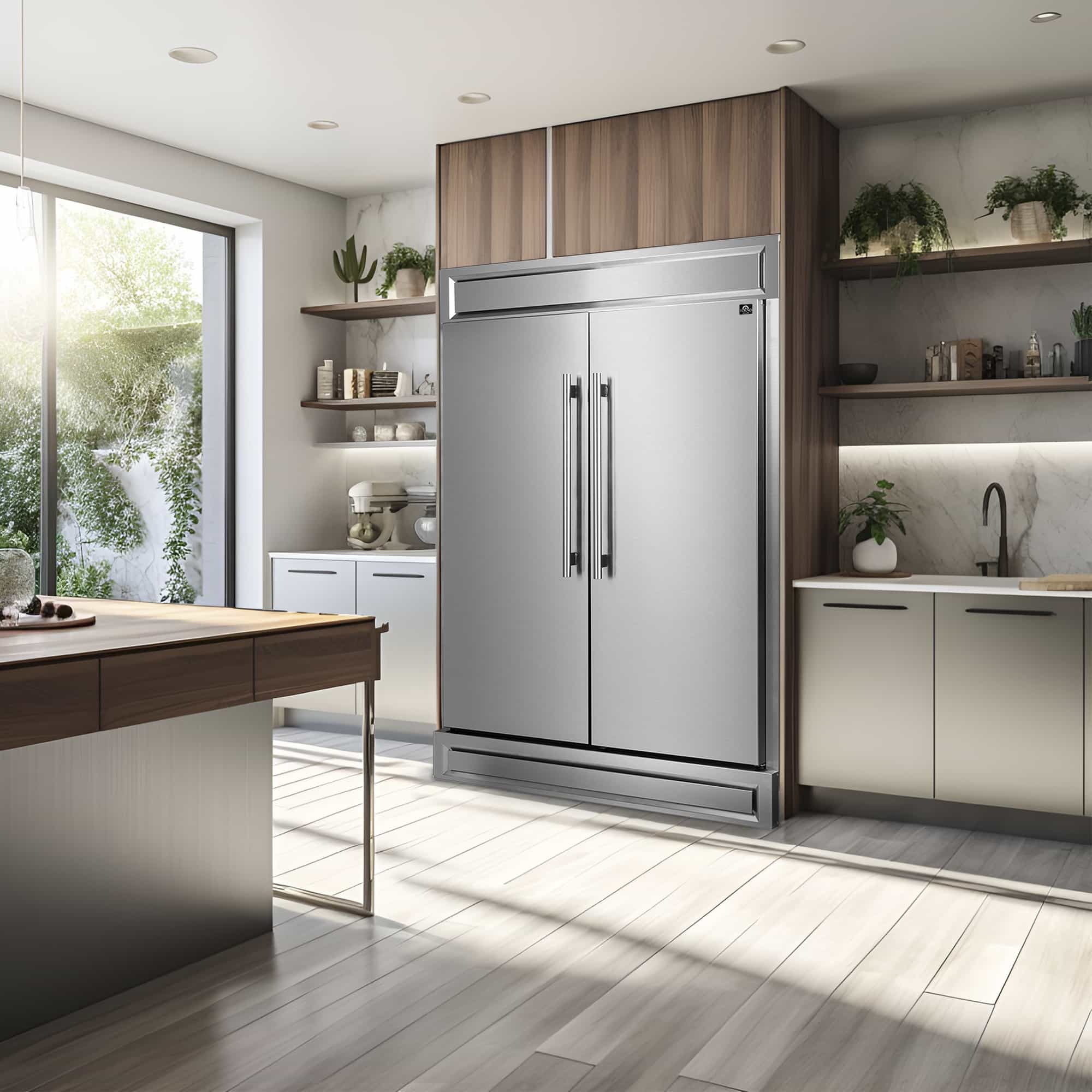 Stainless steel 2-door refrigerator with vertical handles and bottom trim