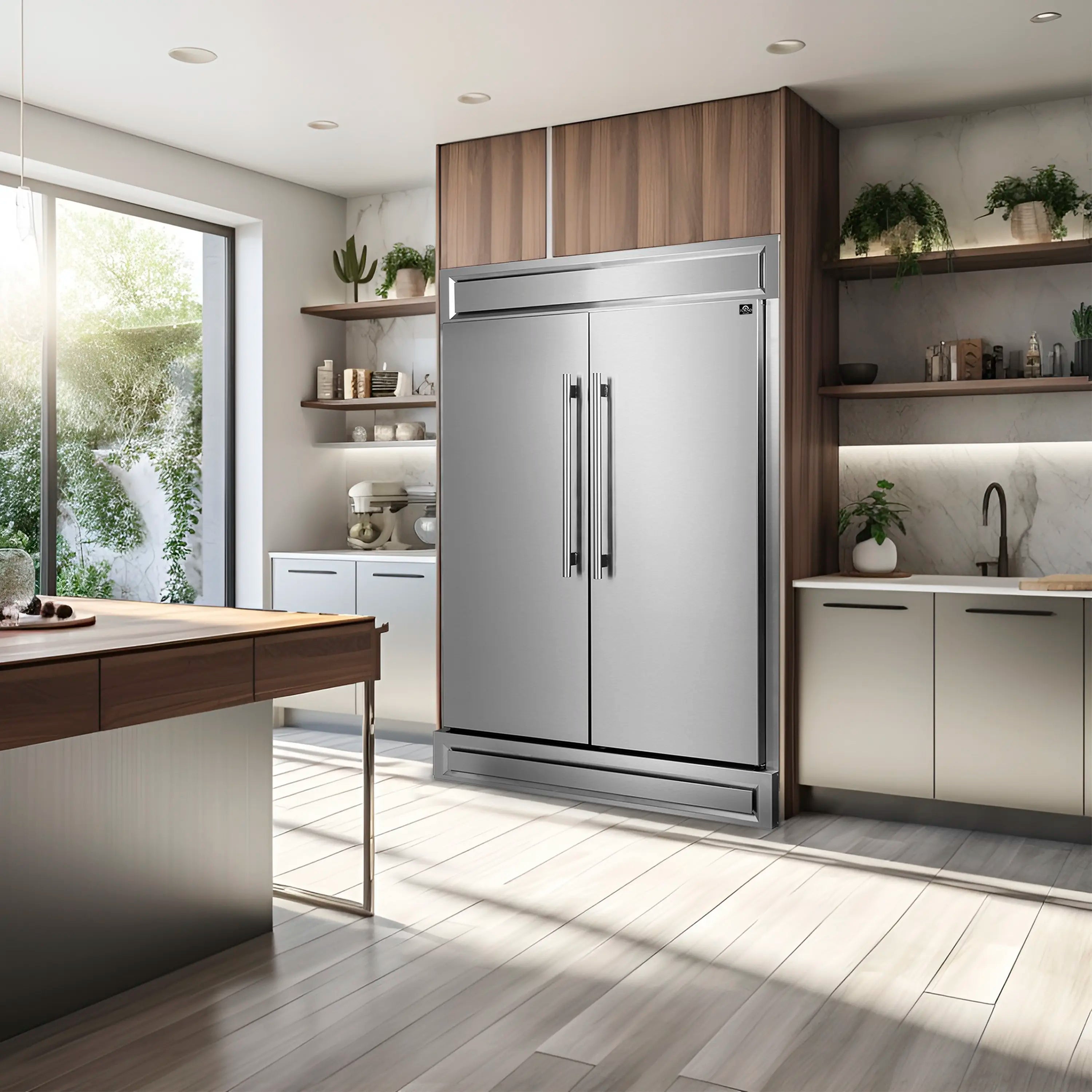 Stainless steel 2-door refrigerator with long vertical handles in a kitchen setting