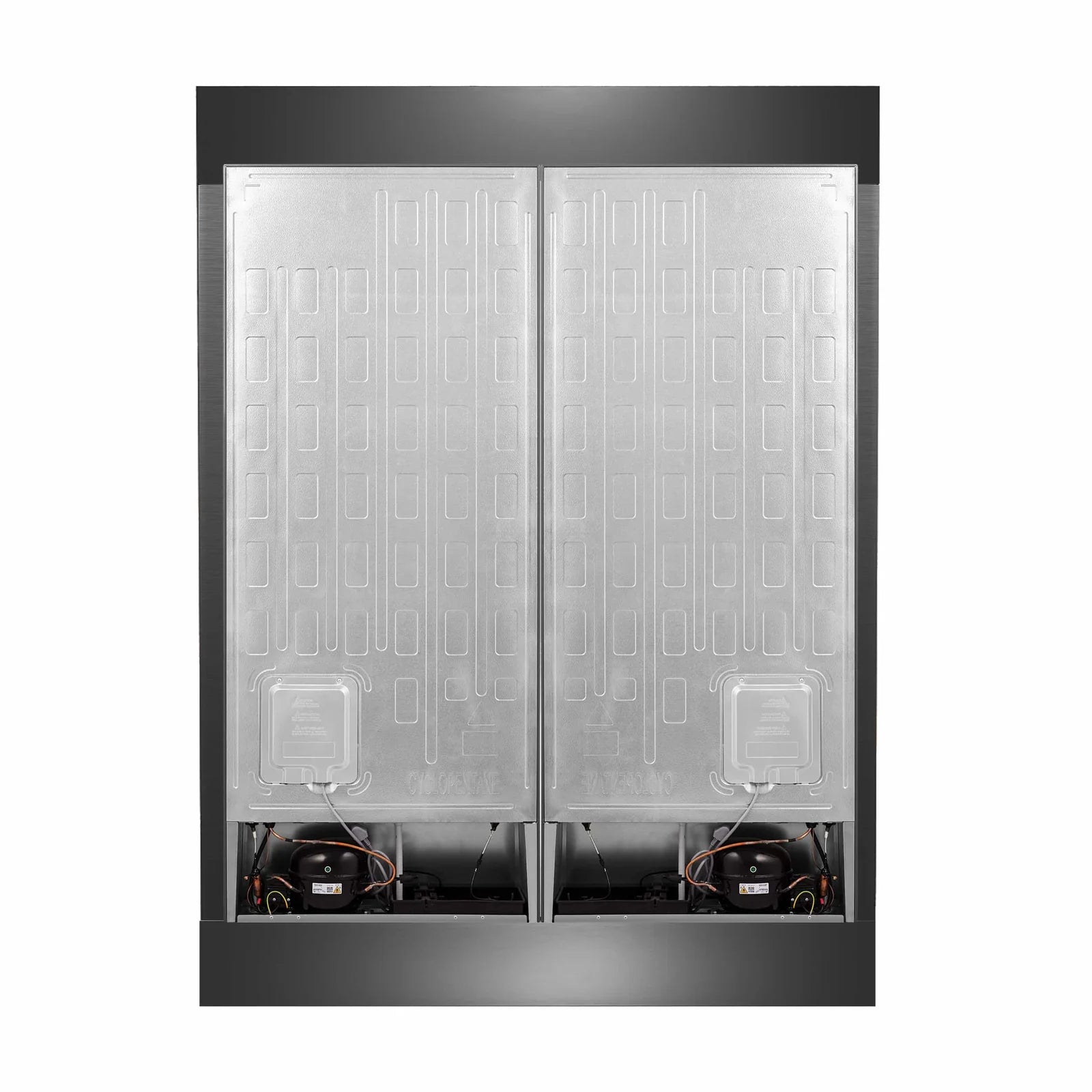 Built-in refrigerator interior rear view with insulated panels and wiring