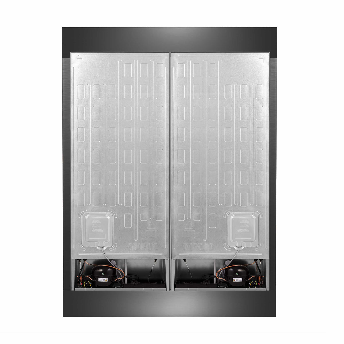 Refrigerator rear panel with twin cooling fans in a stainless compartment