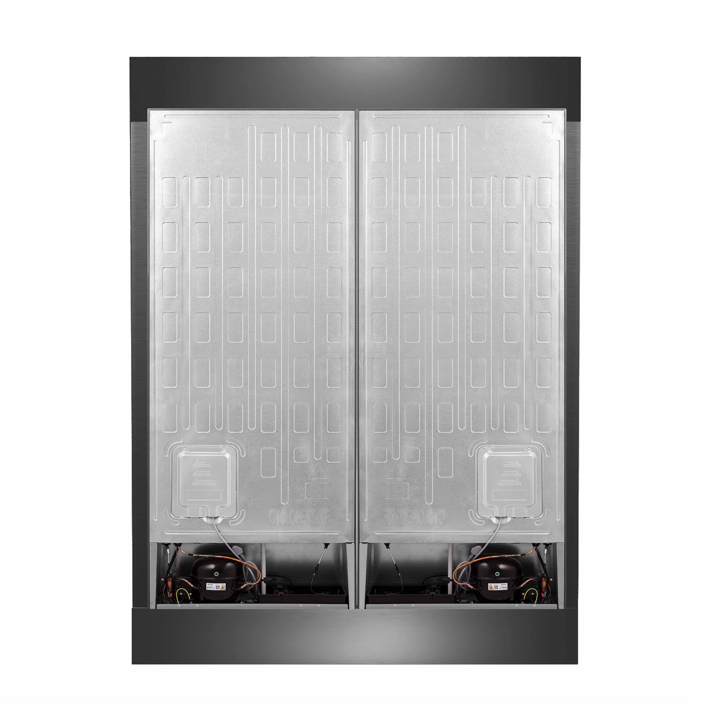 Stainless steel refrigerator doors open, showing interior storage panels and lower access