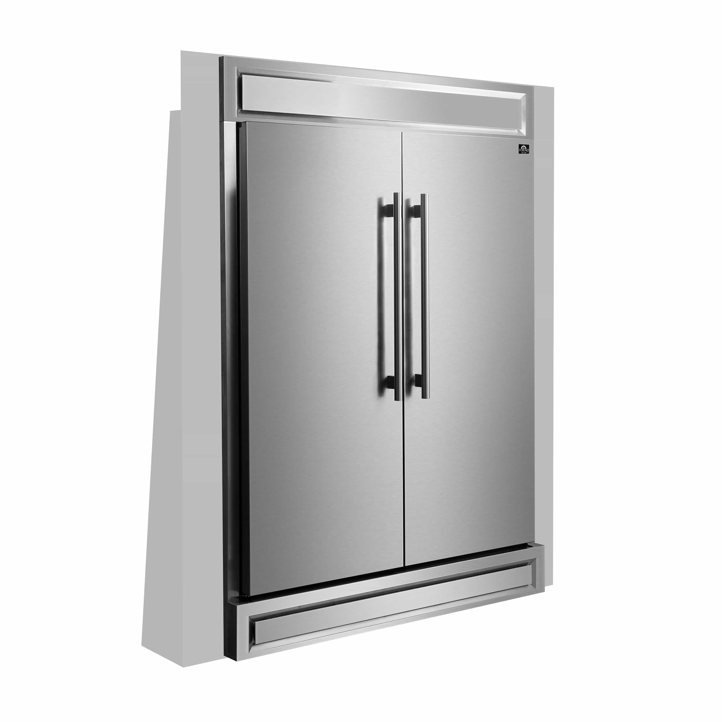 Stainless steel refrigerator door with recessed handles and frame border