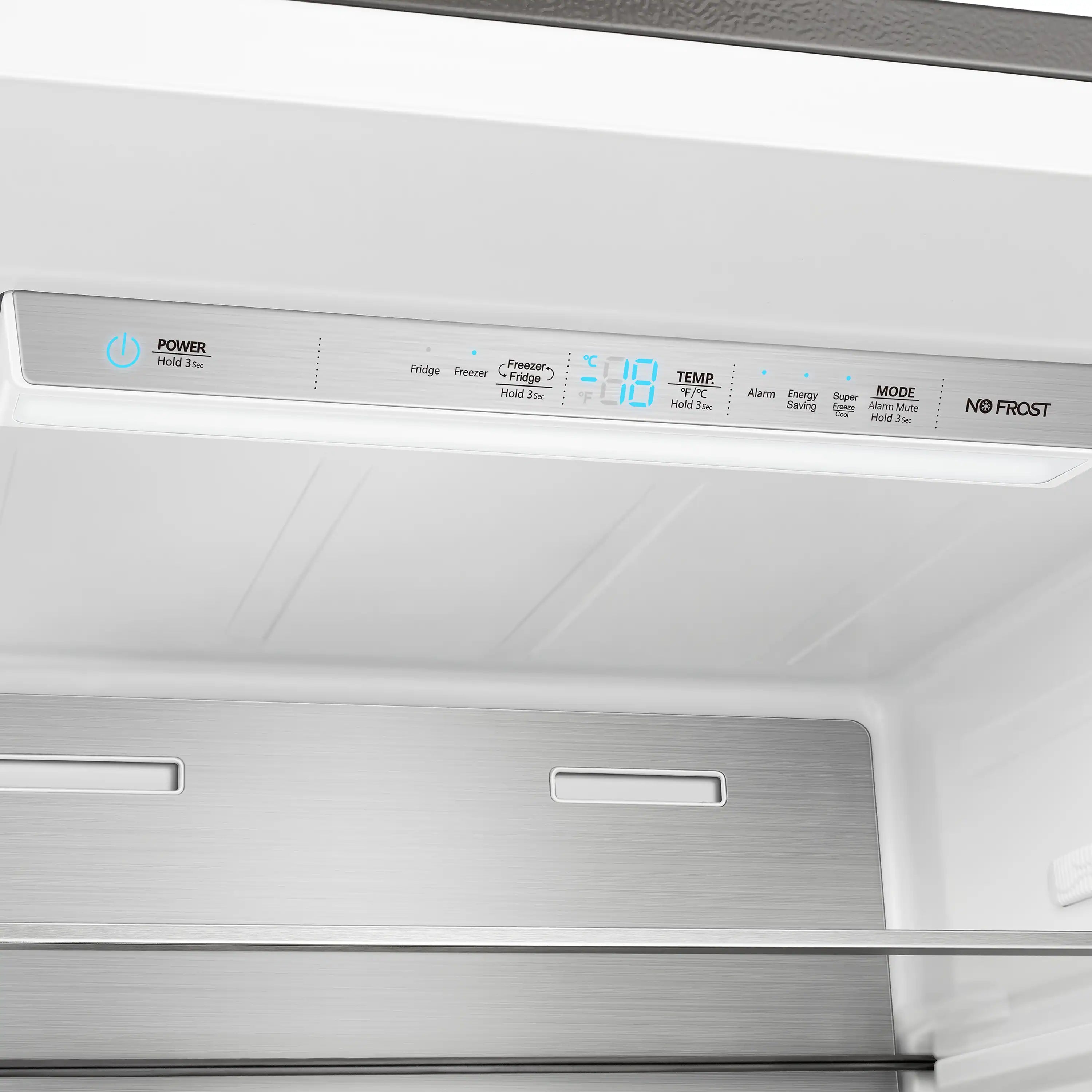 White refrigerator dispenser with blue digital display and control panel