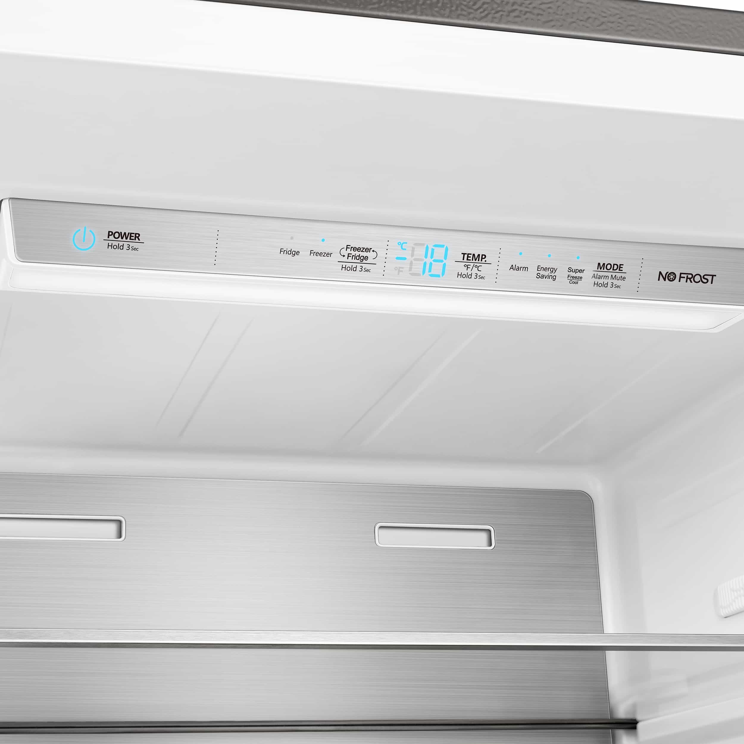 Refrigerator interior top control panel with blue LED indicators