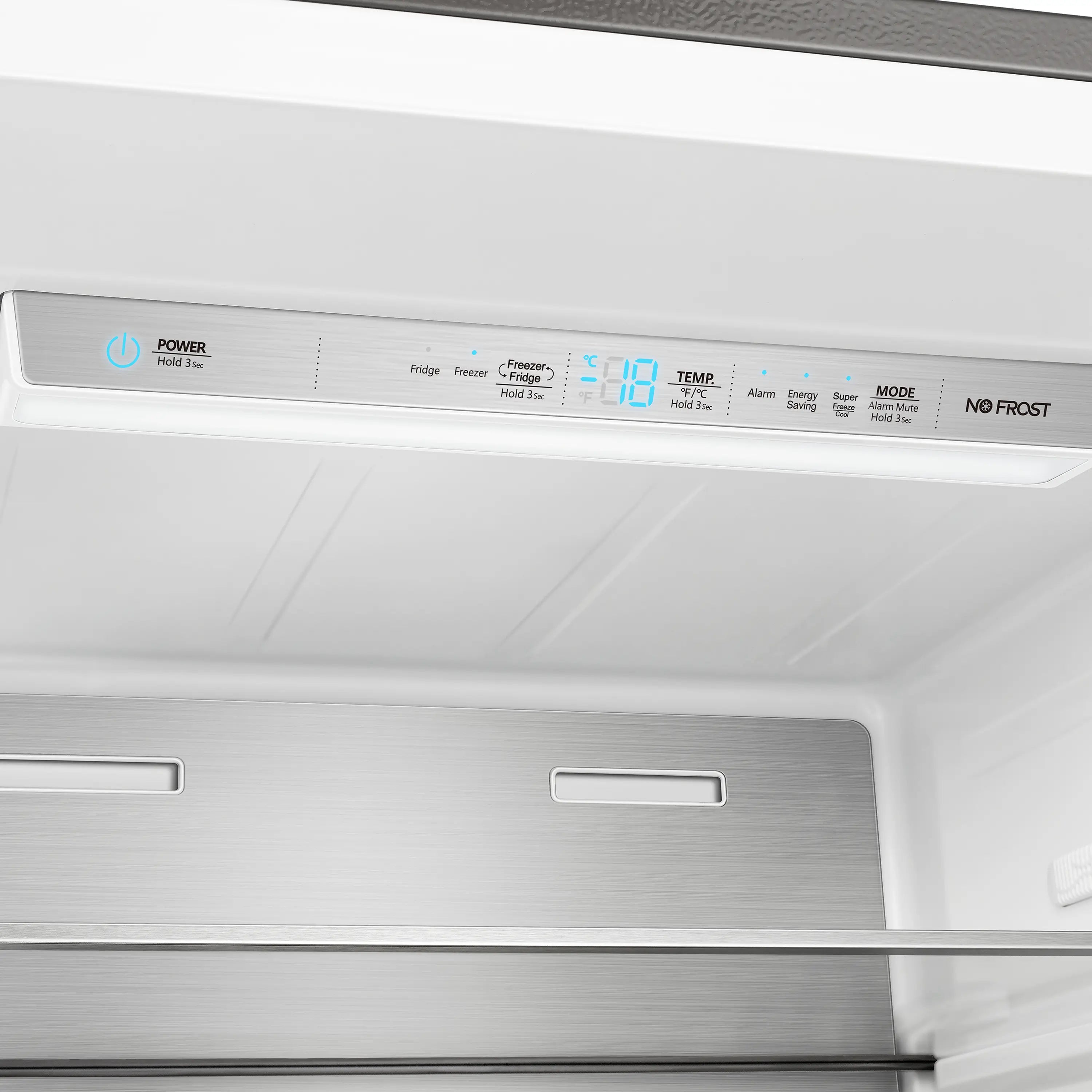 Refrigerator/freezer control panel with blue digital display and temperature settings
