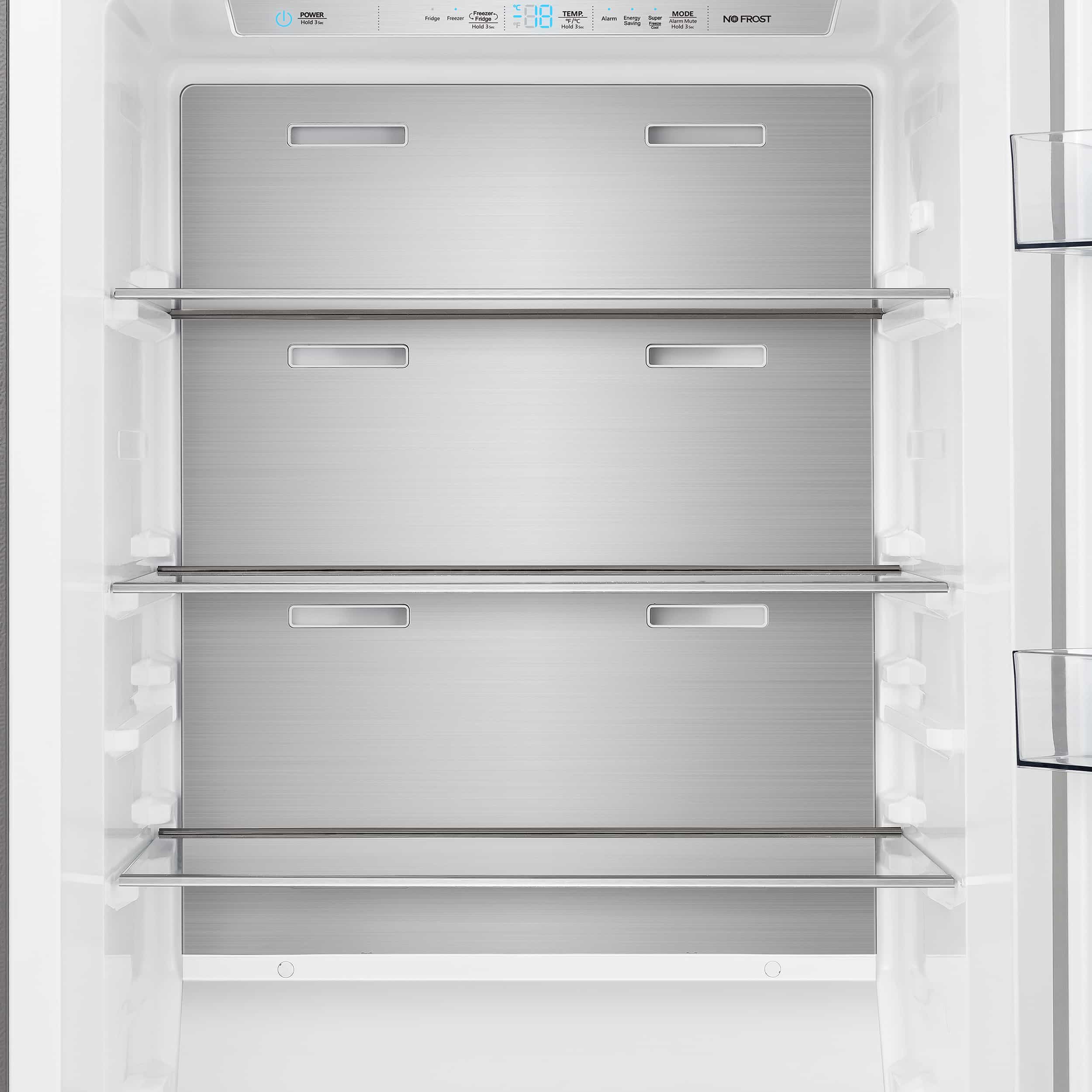 Refrigerator interior with multiple glass shelves and top vent cover