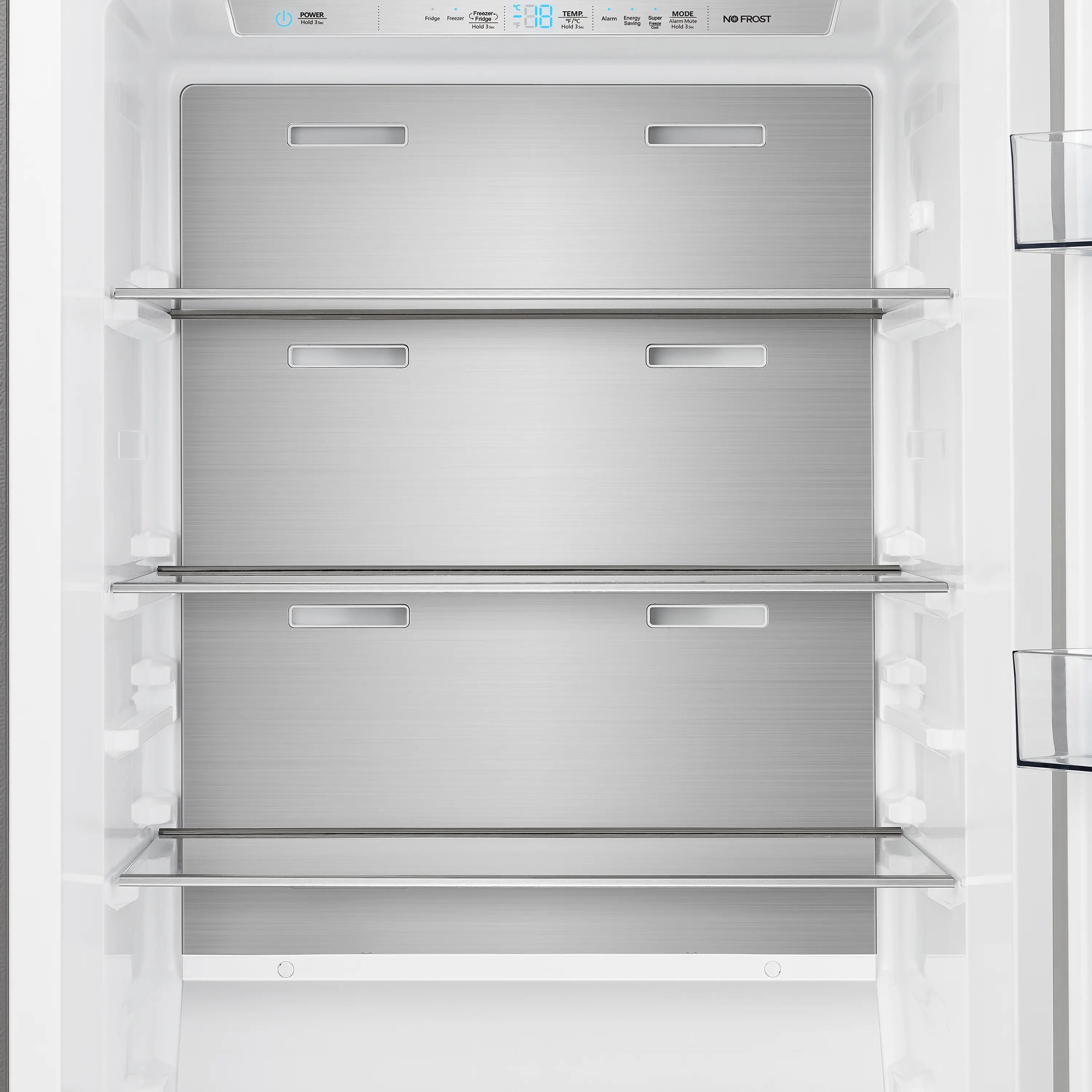 Refrigerator freezer compartment with metal shelves and storage drawers