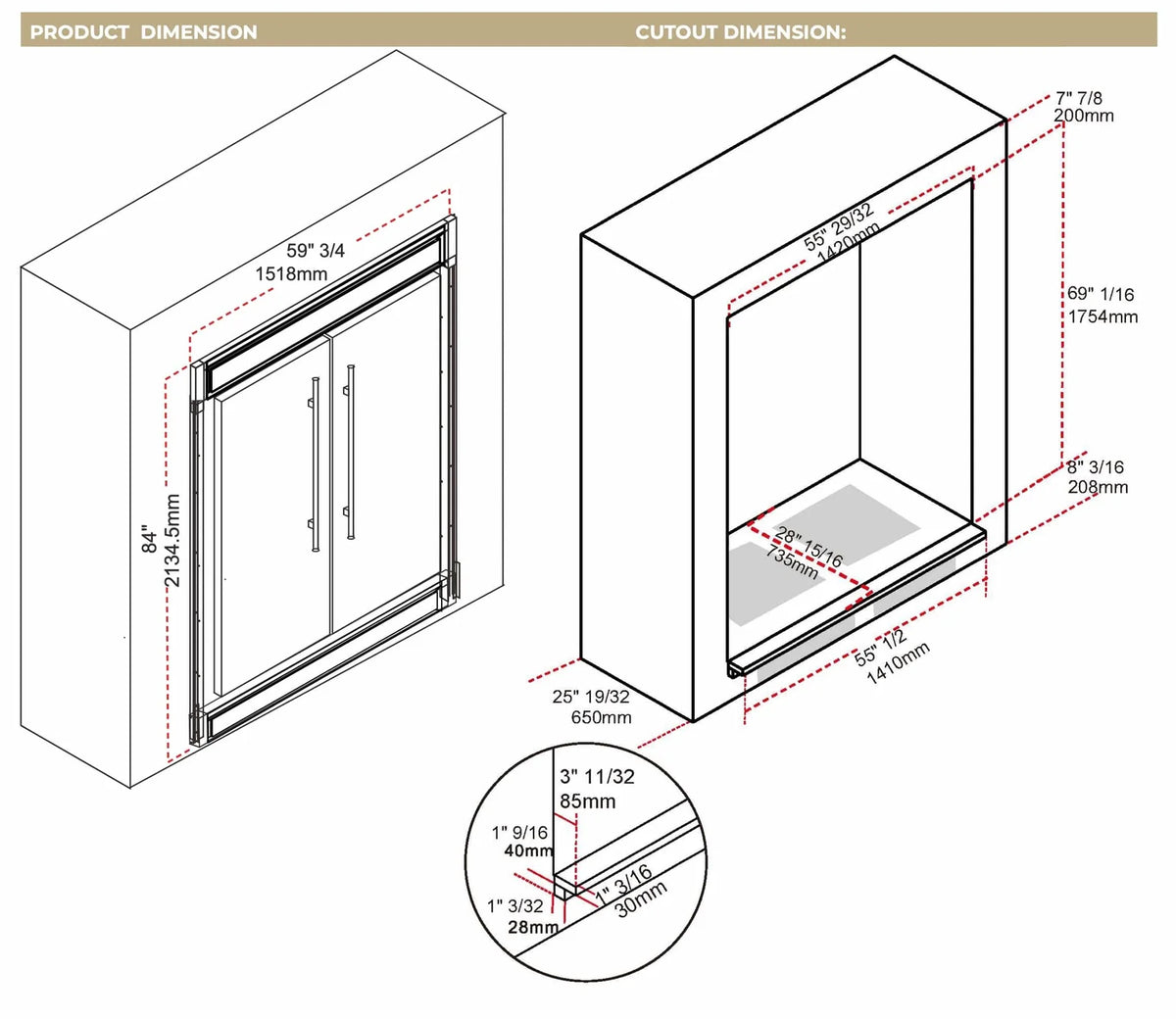 Built-in refrigerator cutout and product dimension diagram