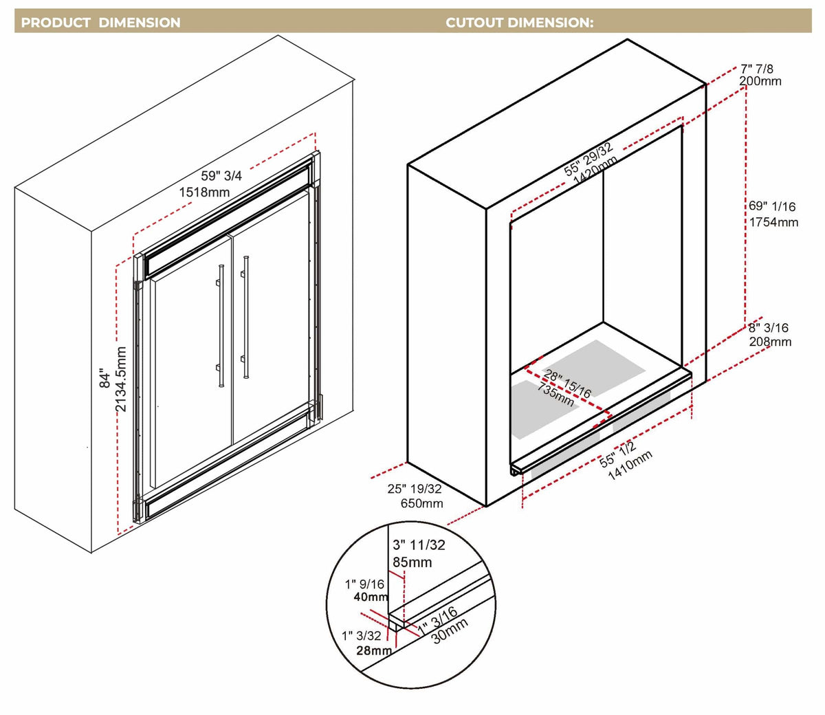Refrigerator installation cutout dimension diagram with height and depth measurements