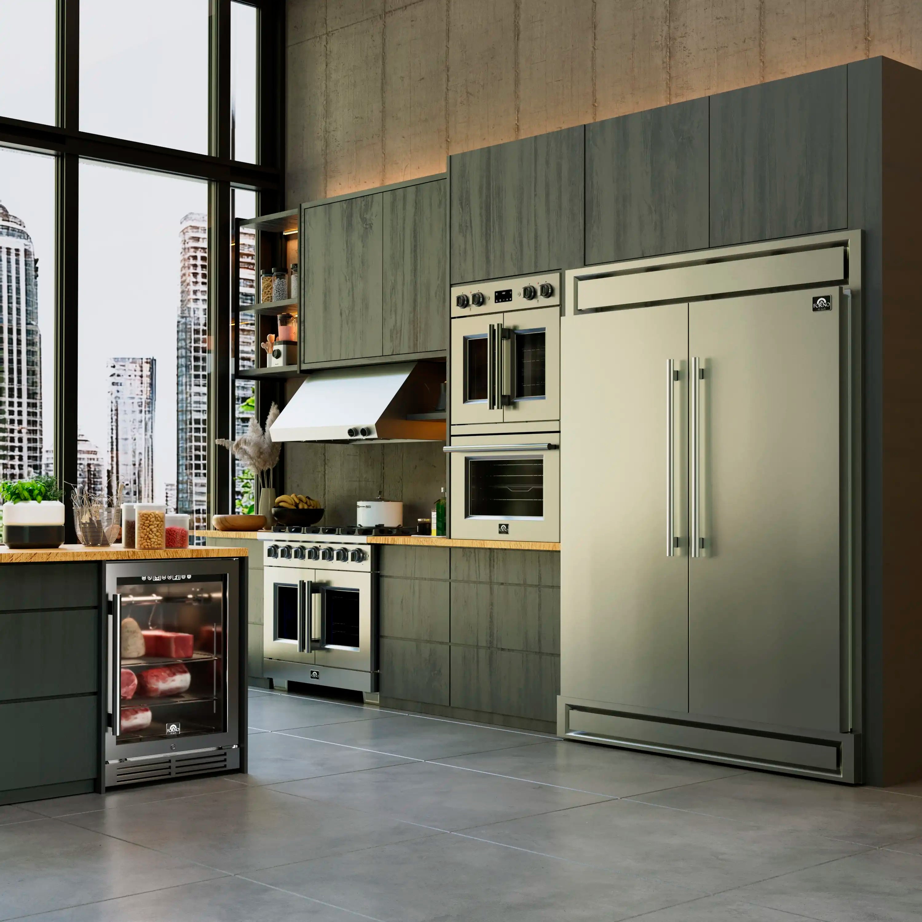 Stainless refrigerator with double doors, long bar handles, and bottom access grille