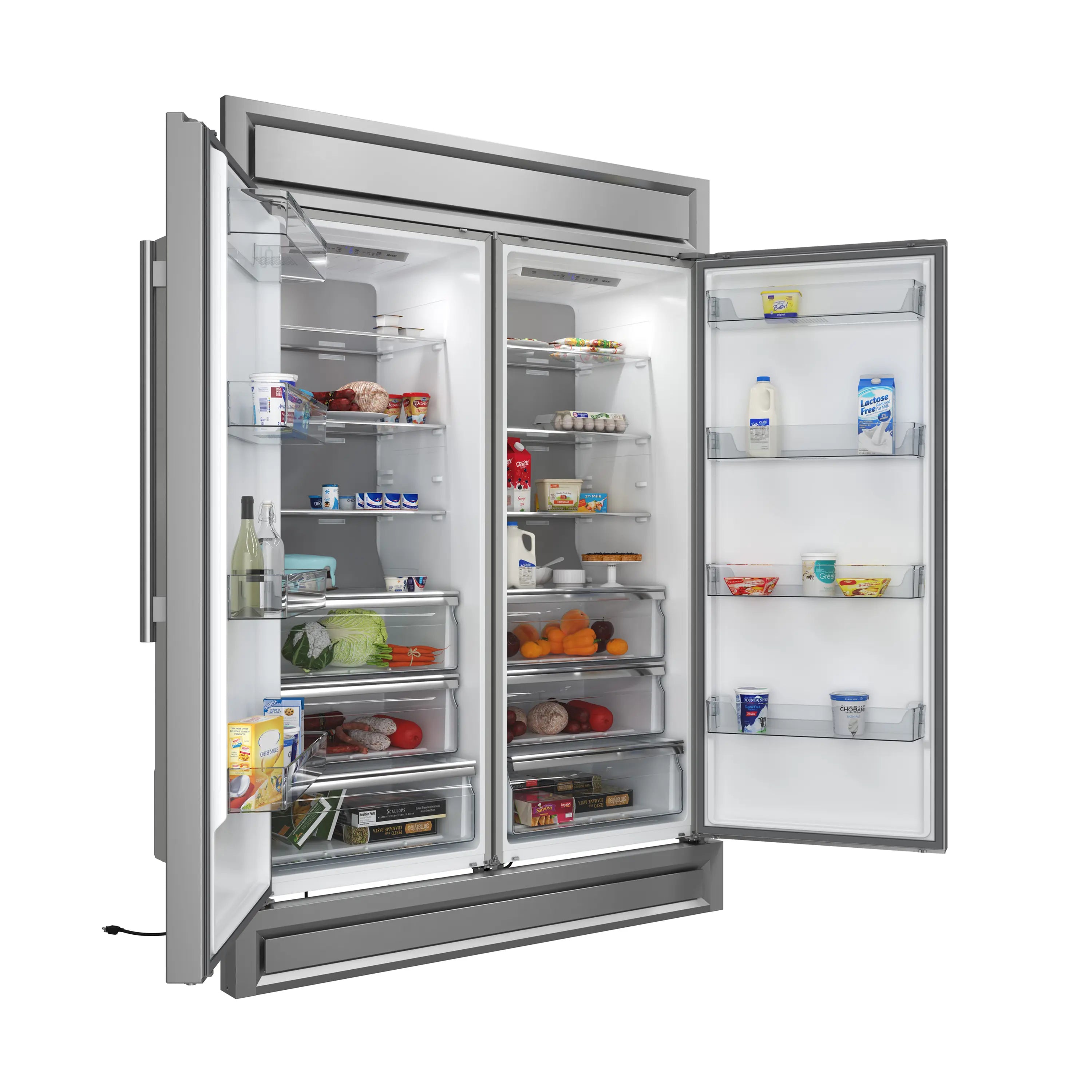 Stainless steel refrigerator with open doors, interior shelves, drawers, and fridge compartments