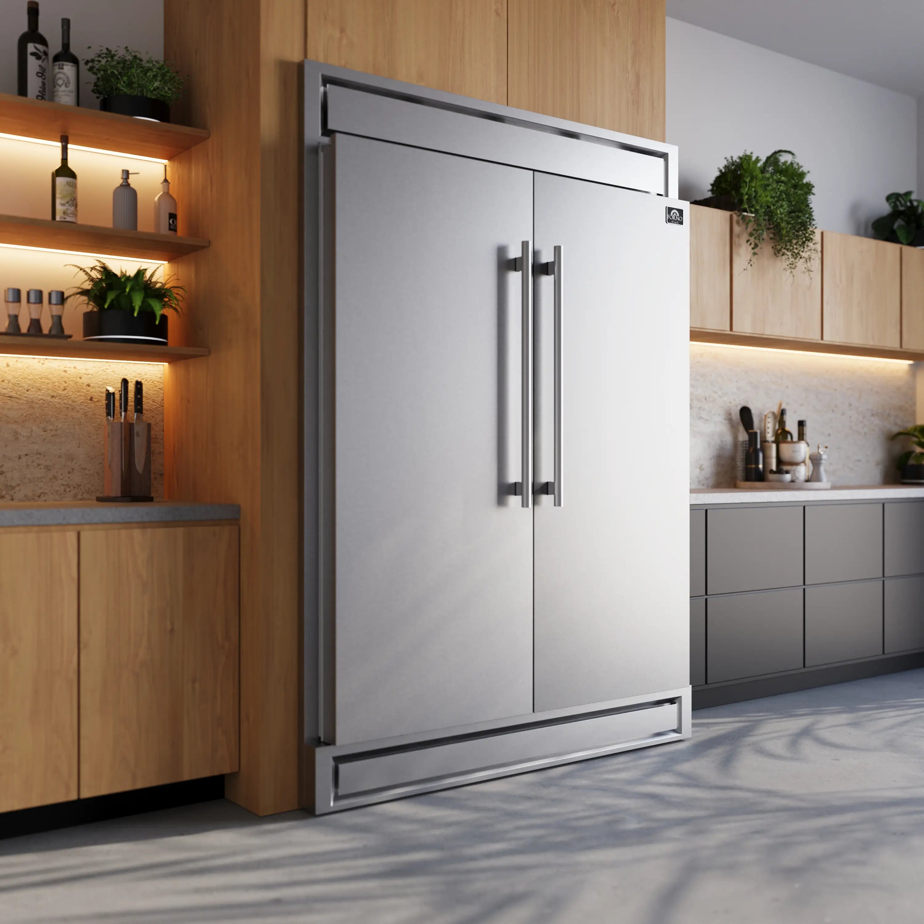 Stainless steel refrigerator door with vertical bar handles and built-in kickplate trim