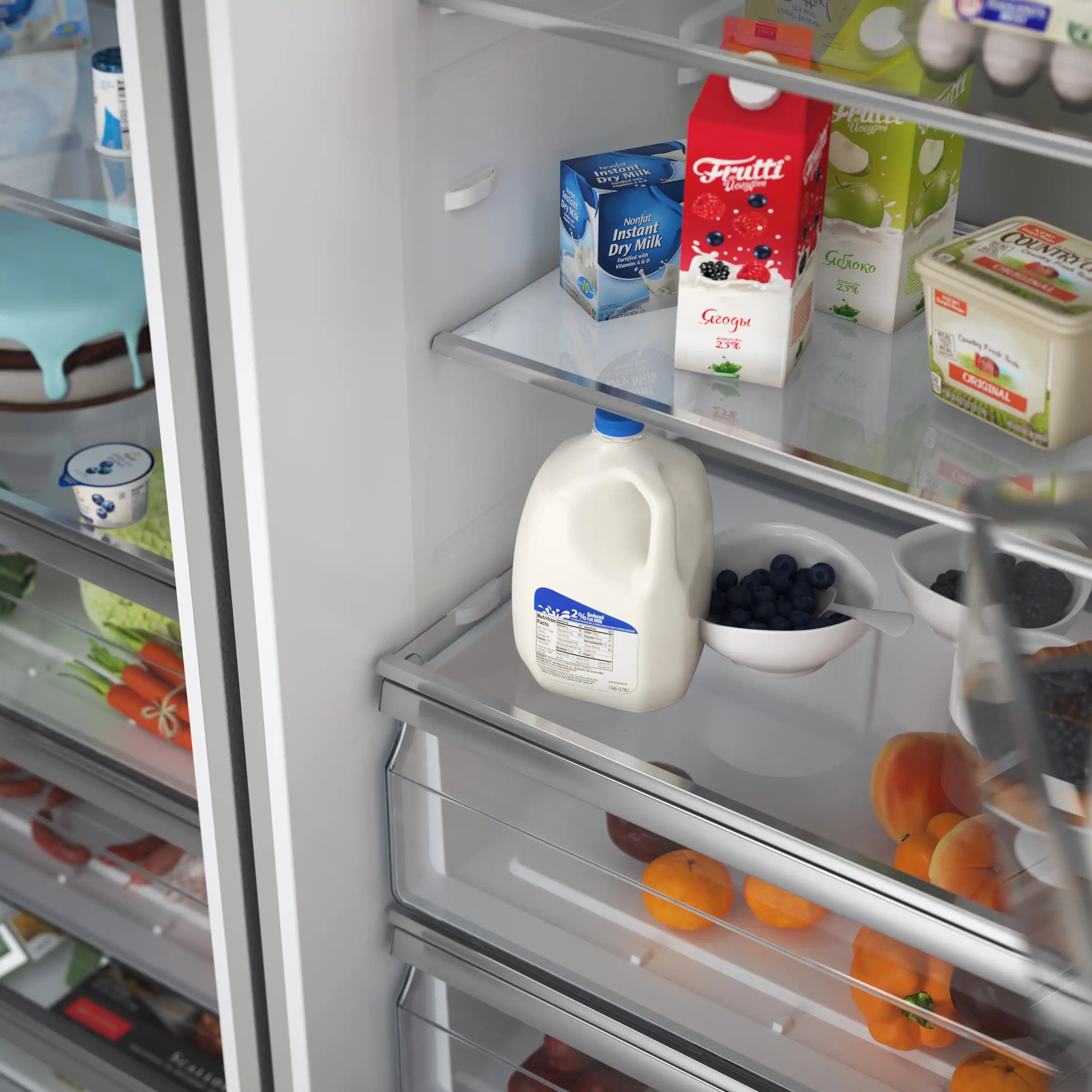 Refrigerator door shelf with milk jug and carton, plus produce bin