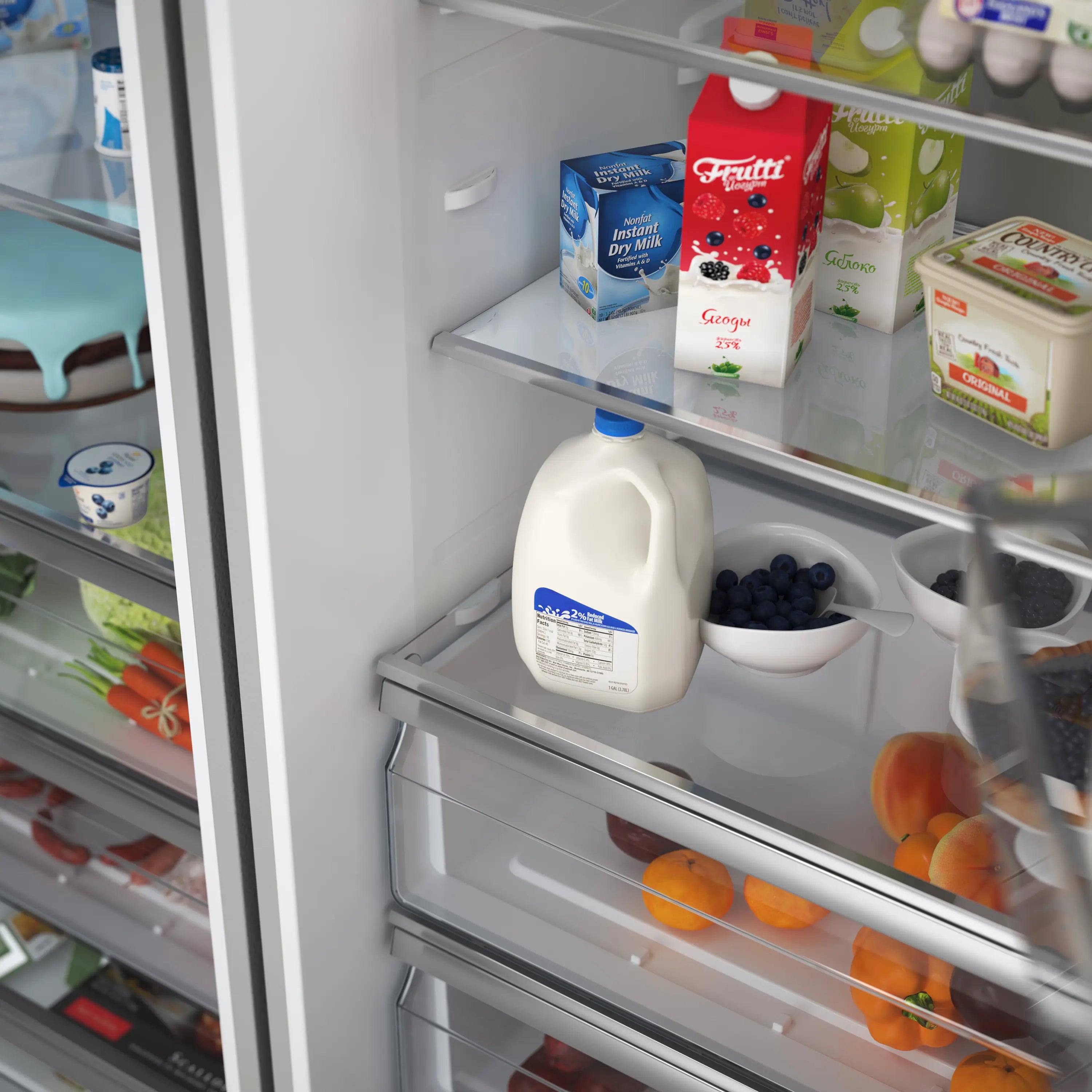 Refrigerator freezer shelves with milk jug, cartons, and produce containers
