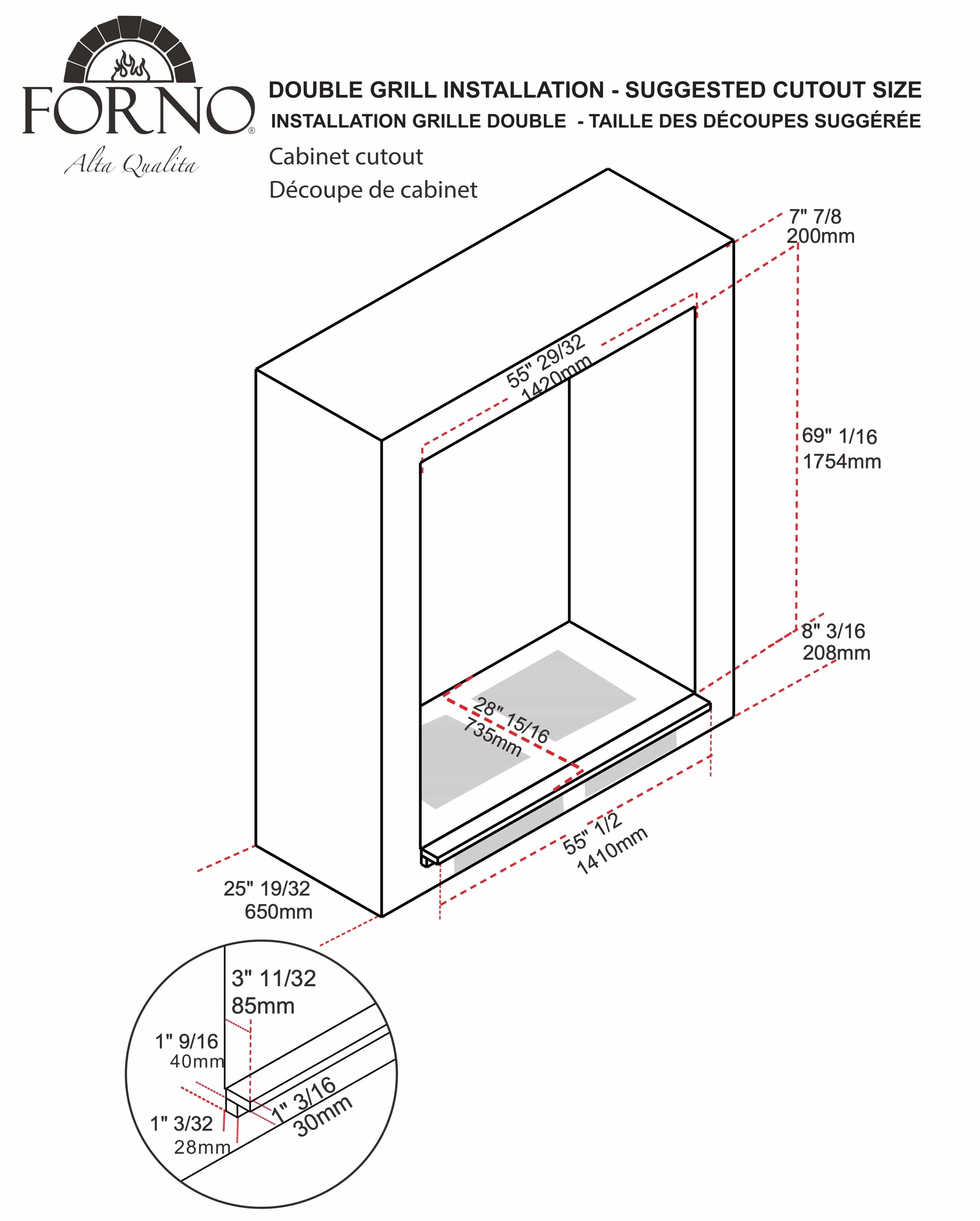 Wall mount hood installation cutout dimension diagram with side and clearance measurements