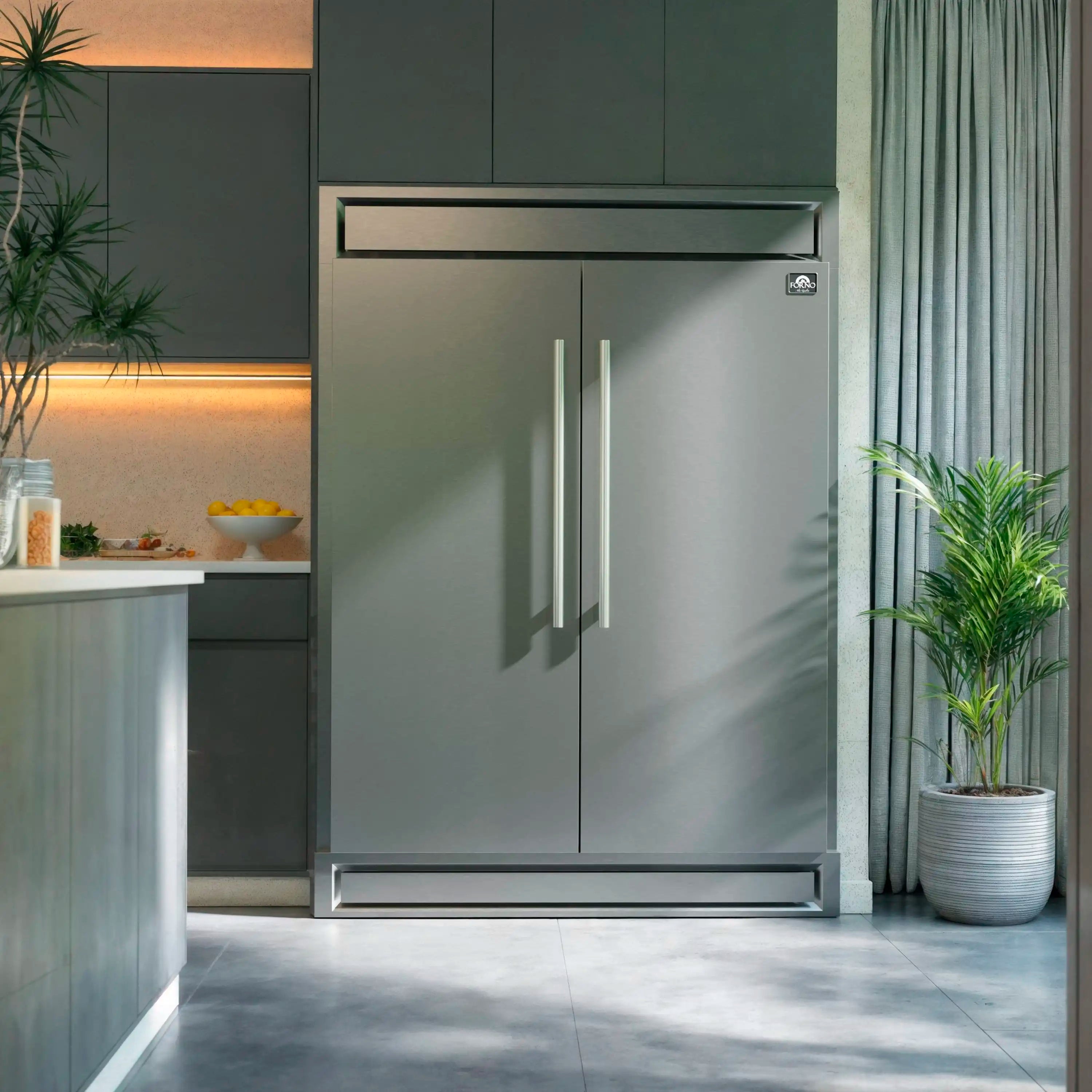 Stainless steel two-door refrigerator with vertical handles and bottom access grille