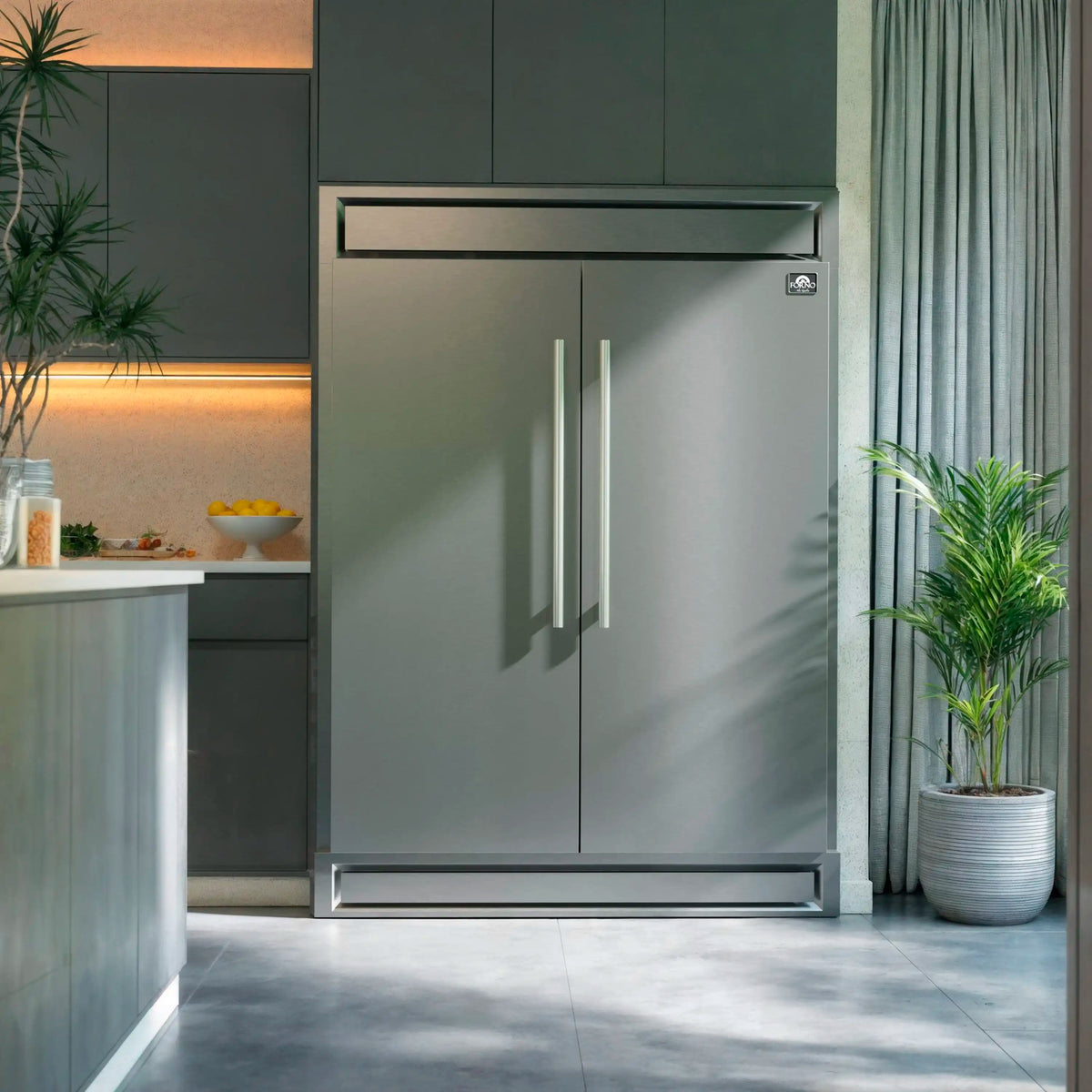 Stainless steel refrigerator with tall double doors and vertical bar handles