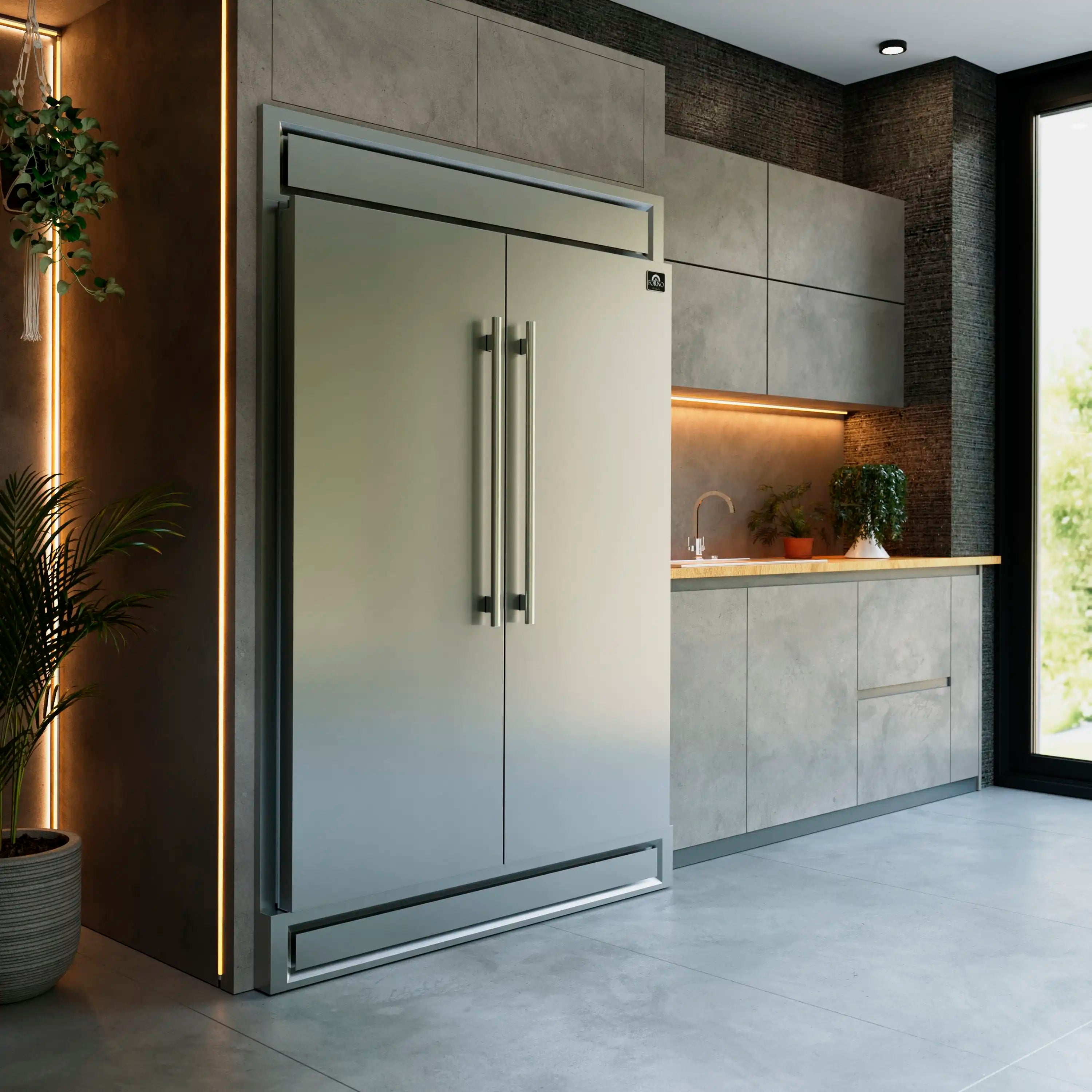 Stainless steel refrigerator with double doors and vertical bar handles, flat front