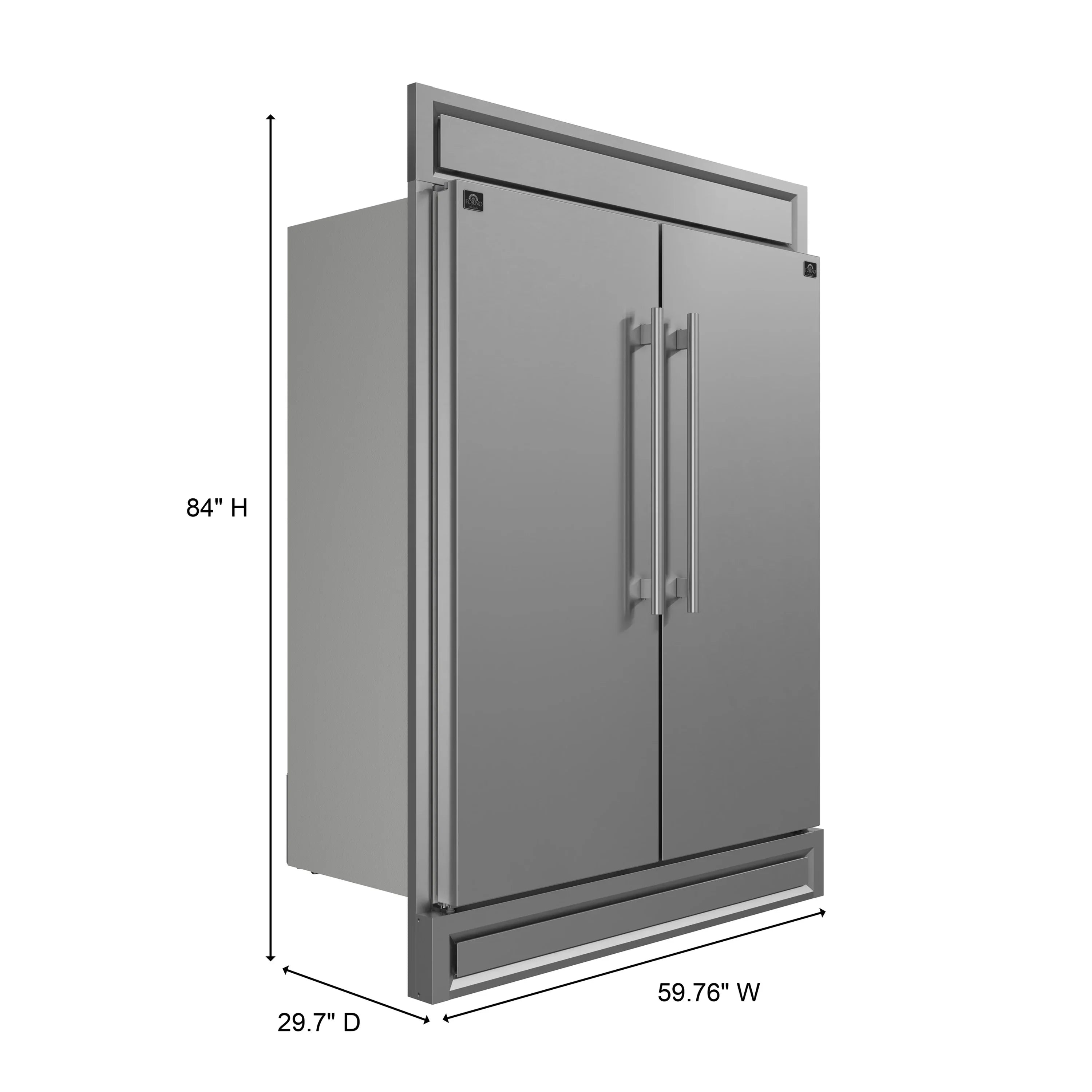 Stainless steel refrigerator with double doors, side profile and bottom grille