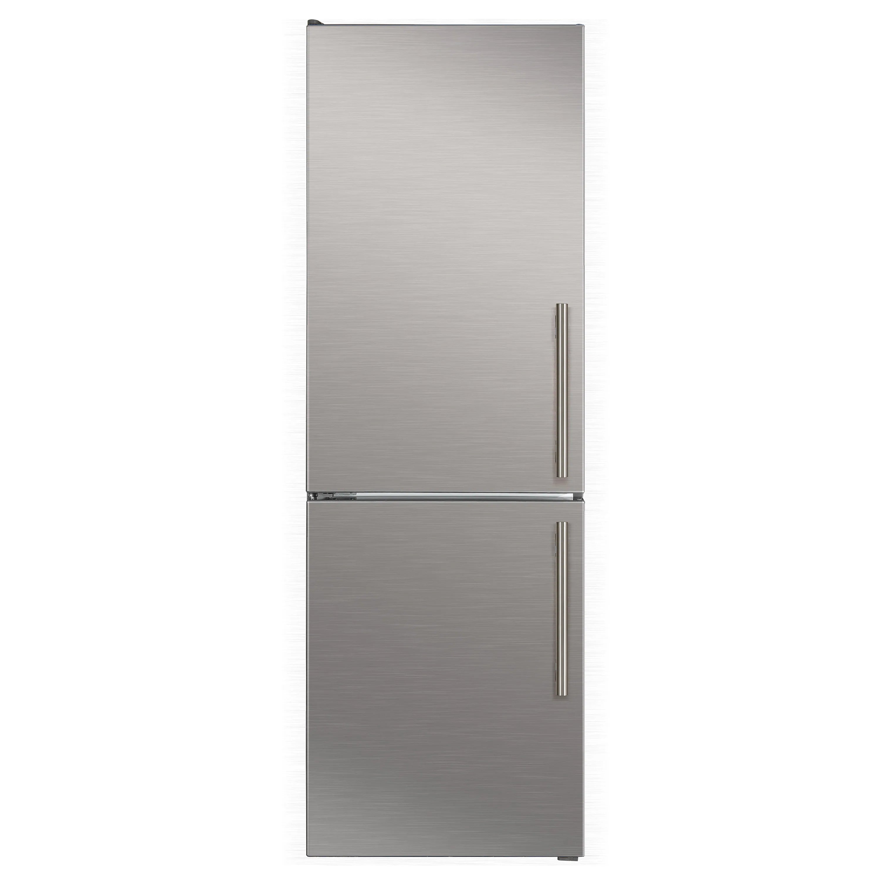 Stainless steel bottom freezer refrigerator front view with slim vertical handles.