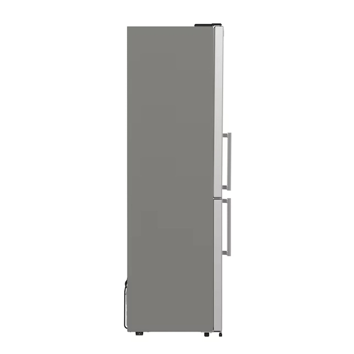 Stainless steel bottom freezer exterior with recessed handle and door seam