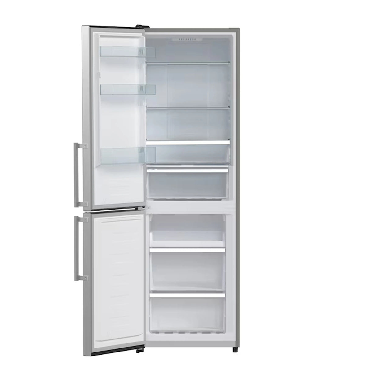 Stainless steel bottom freezer with both doors open and stacked freezer drawers