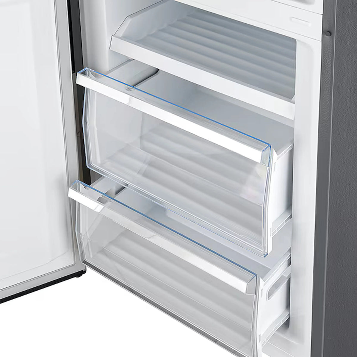 Stainless steel bottom freezer with open upper compartment shelves and drawers