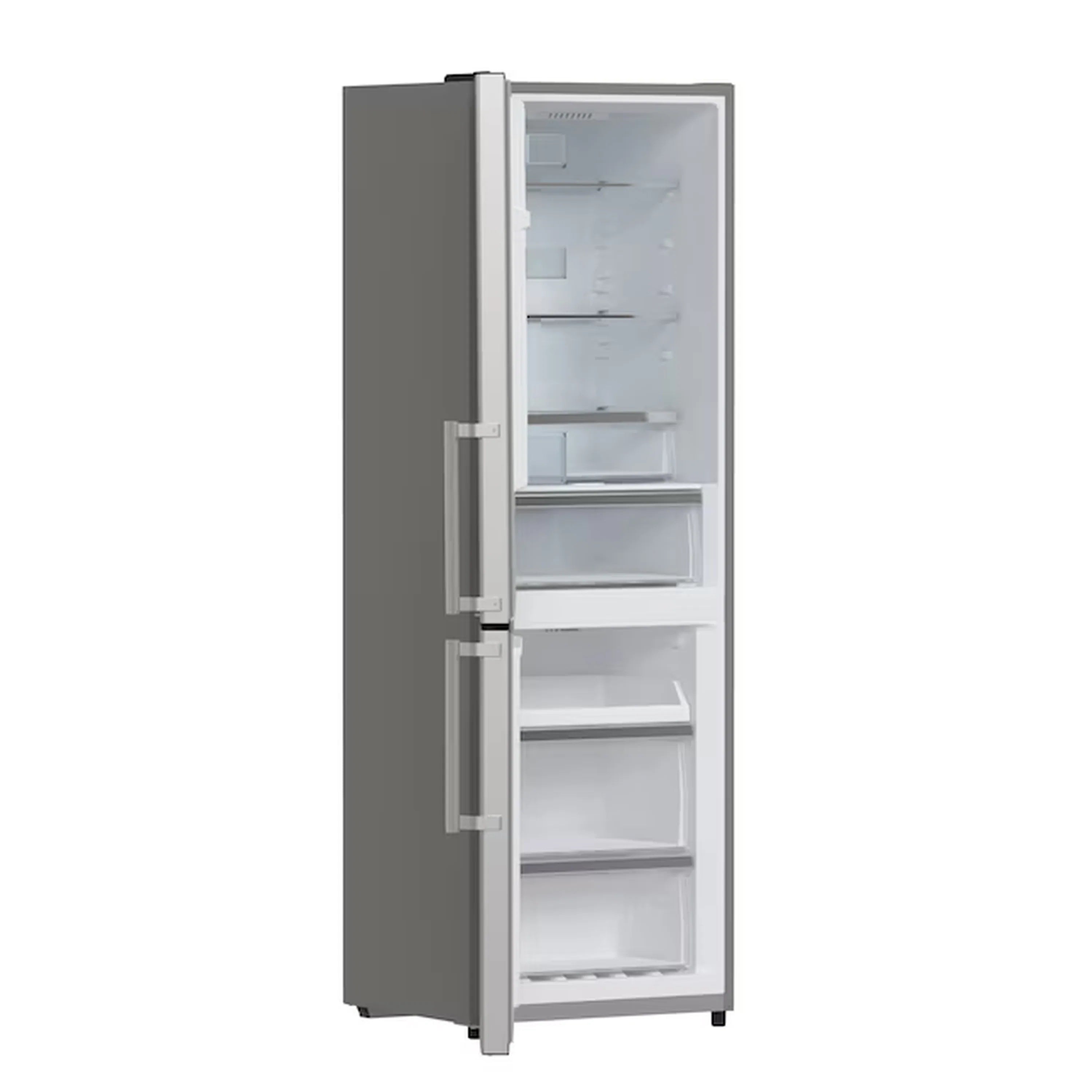 Stainless steel bottom freezer door open, showing multiple white interior shelves