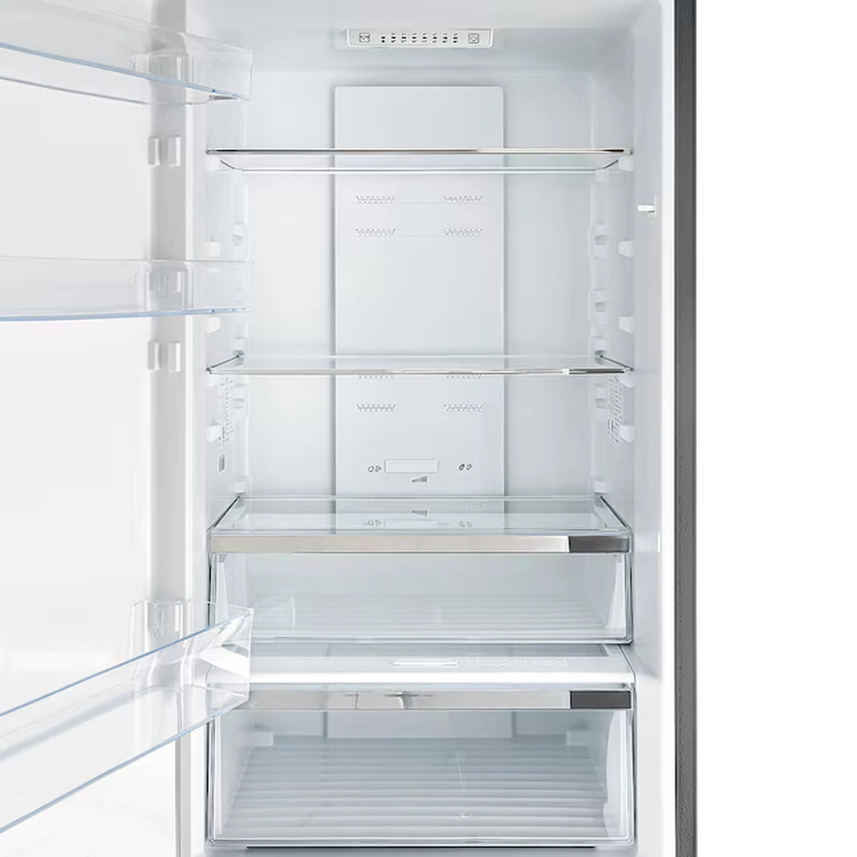 Open freezer interior with glass shelf and lower drawer compartments