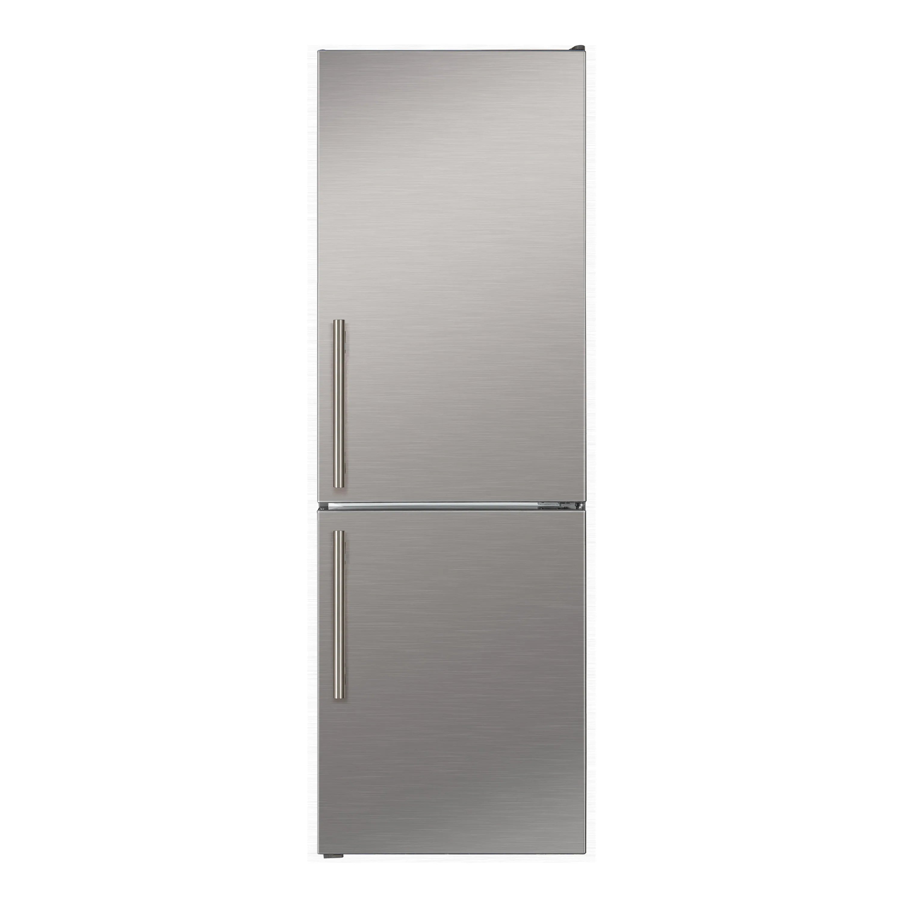 Stainless steel bottom freezer refrigerator with two vertical handle doors.