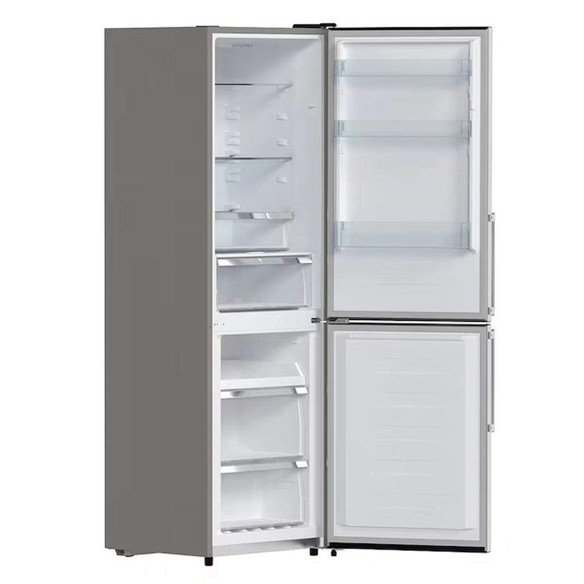 Stainless bottom freezer refrigerator with both doors open, showing upper and lower compartments