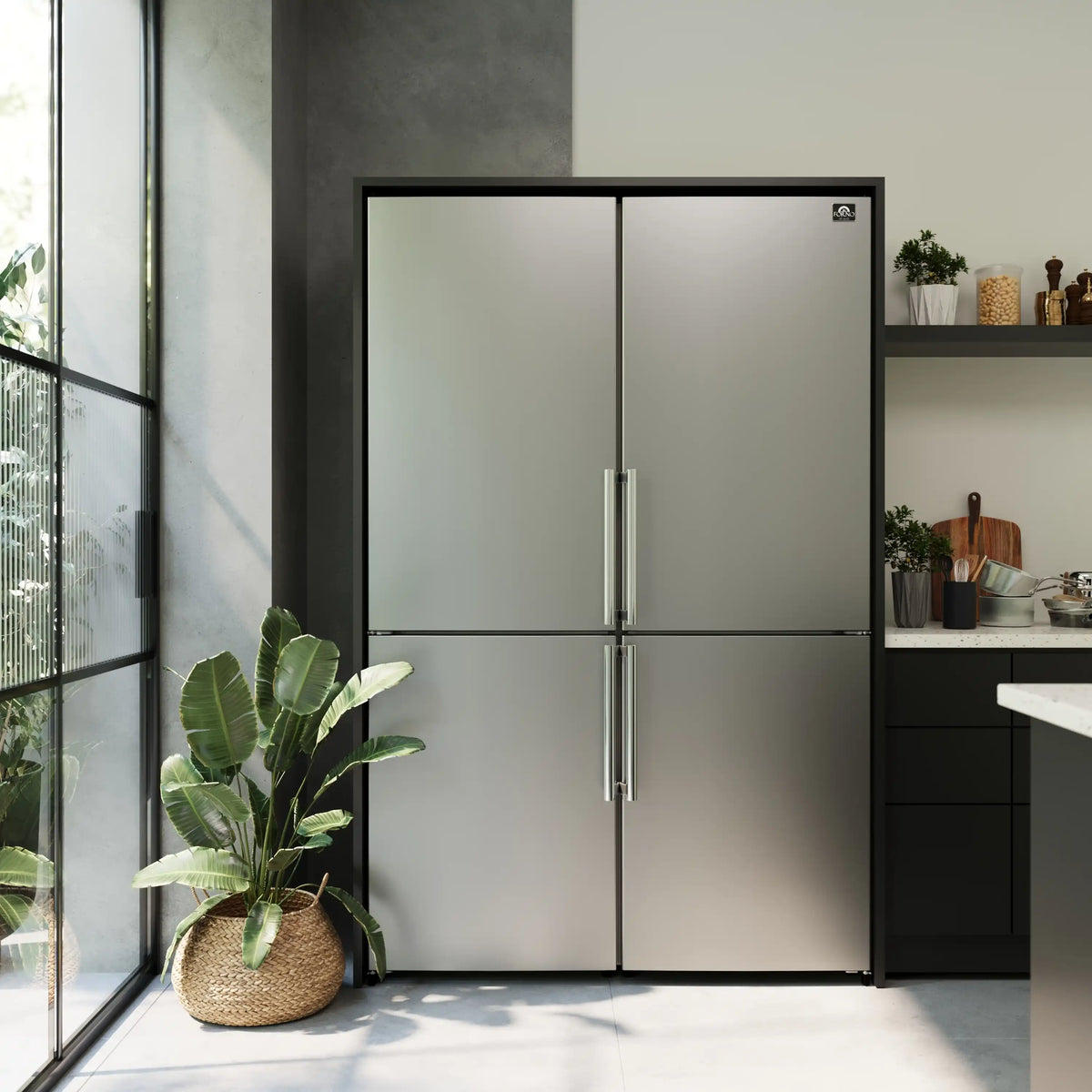 Stainless steel side-by-side refrigerator with bottom freezer doors and vertical handles