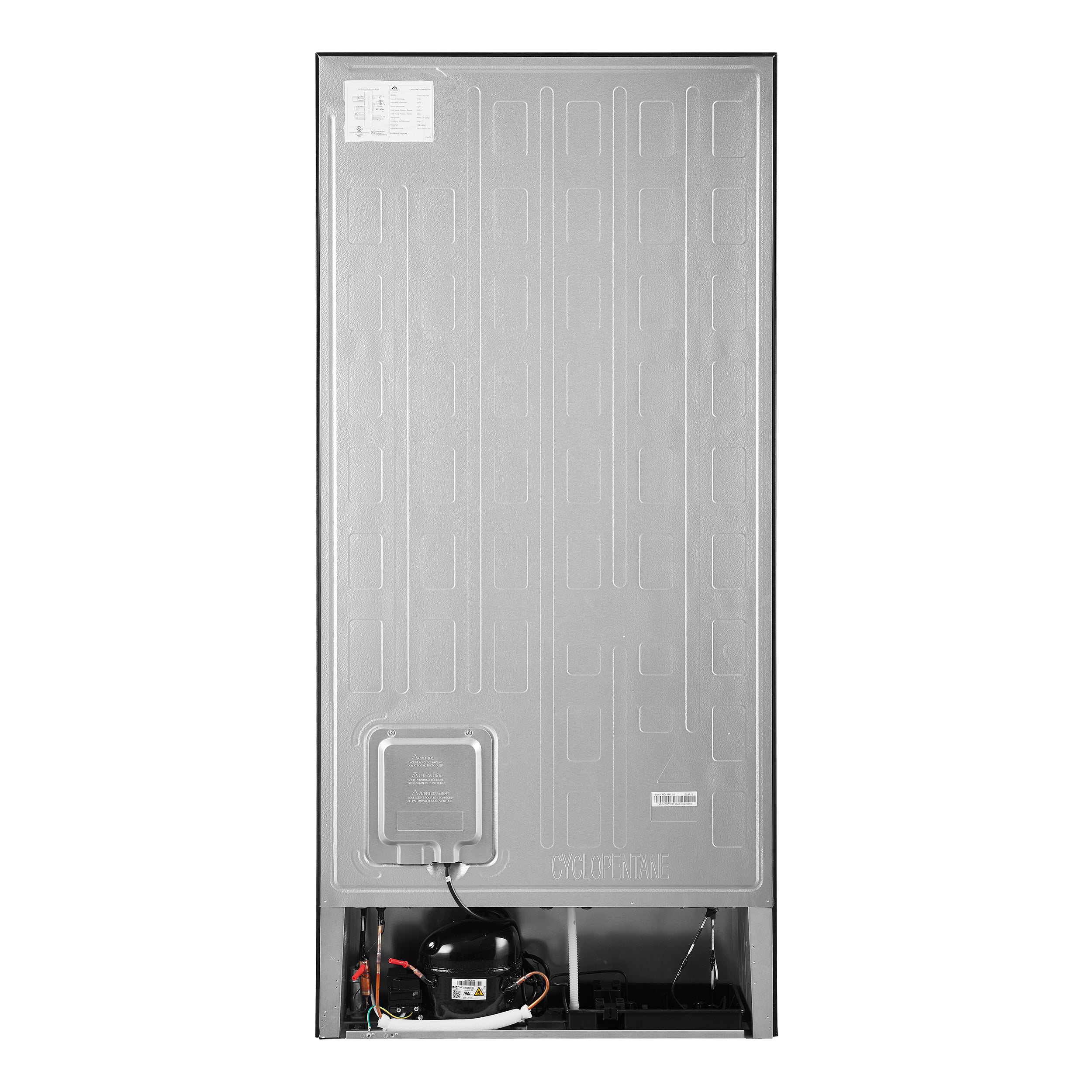 Black bottom freezer refrigerator with rear access panel and wiring compartment visible