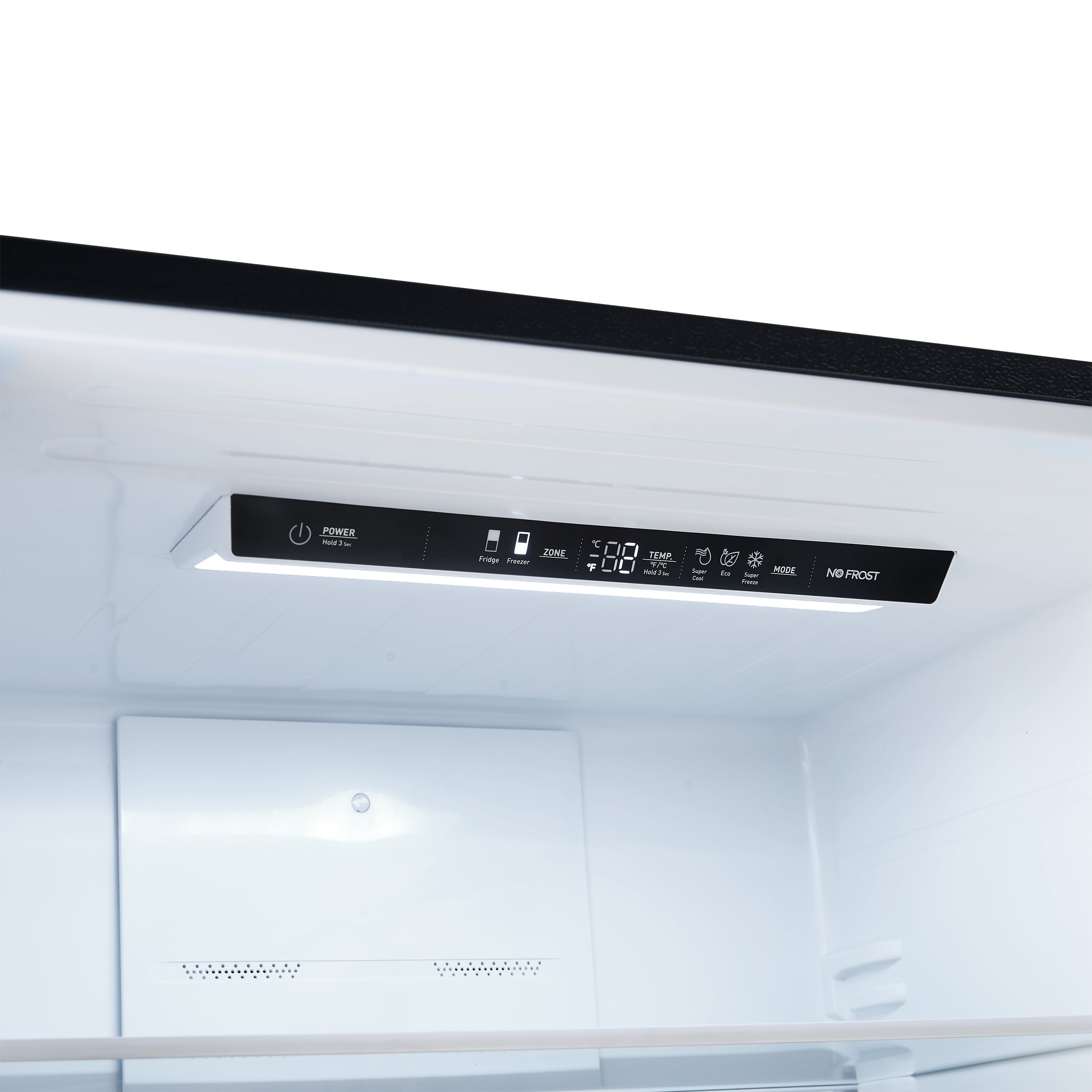 Refrigerator interior top control panel with indicator display and buttons