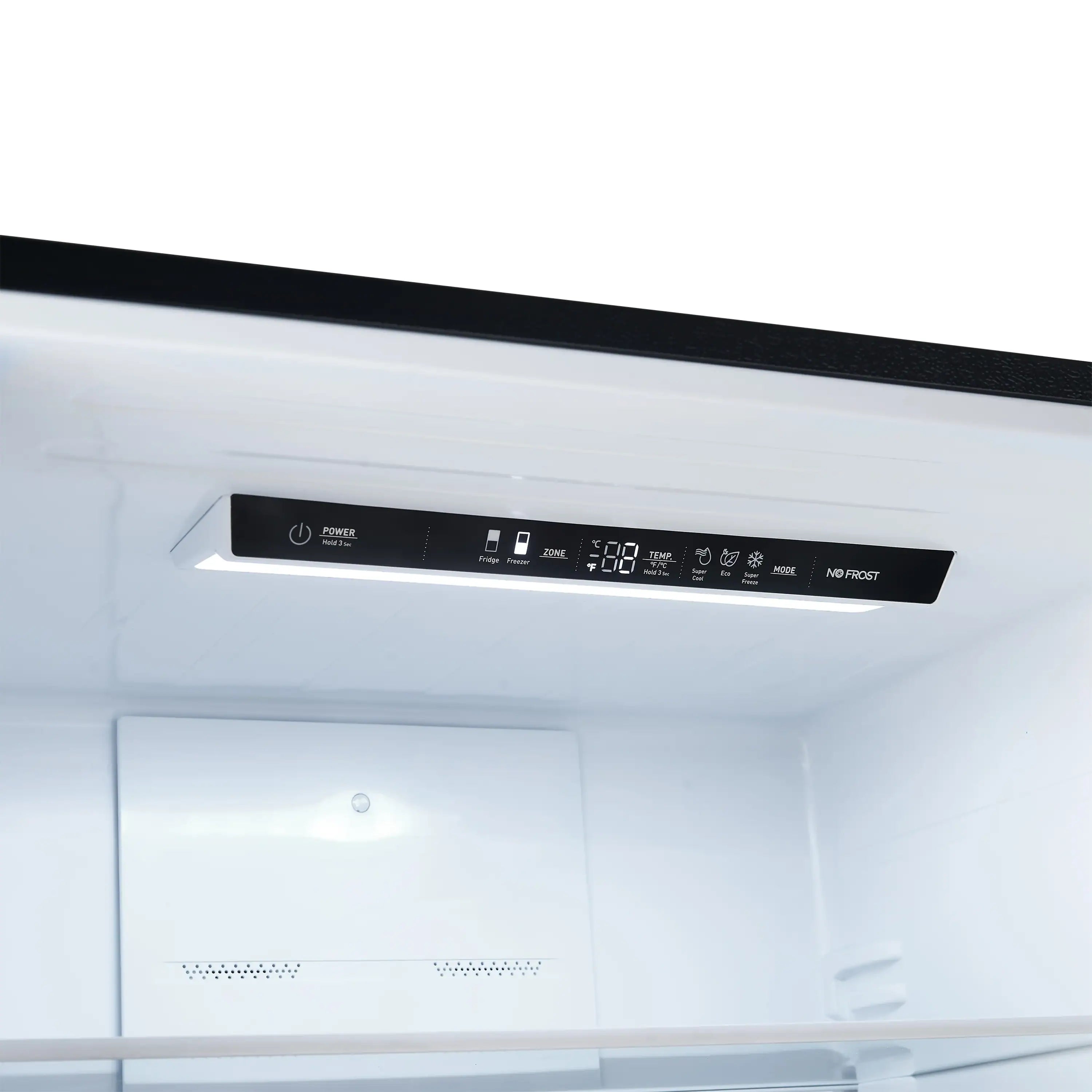 Refrigerator interior control panel with buttons and display lights