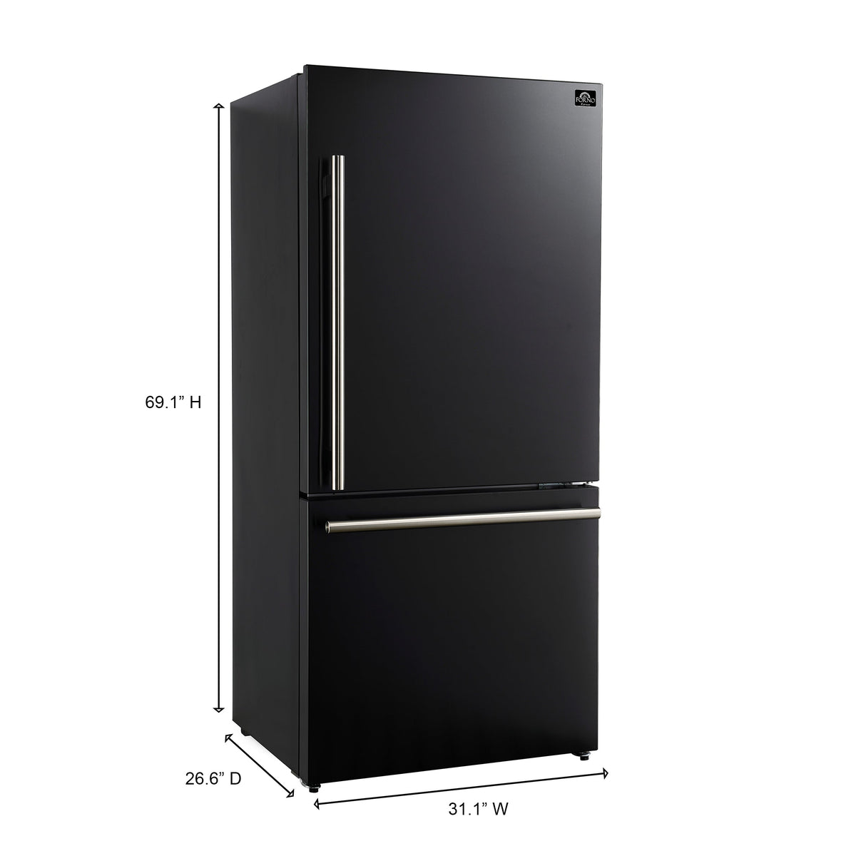 Black two-door refrigerator front view with dimensions