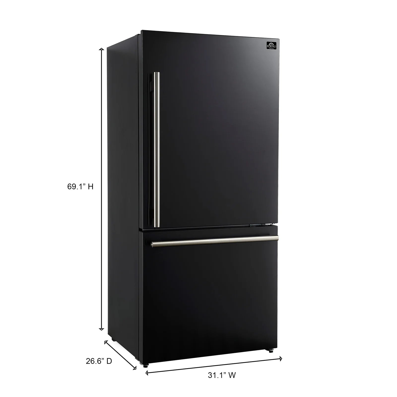 Black refrigerator front with antique brass handle and bottom freezer