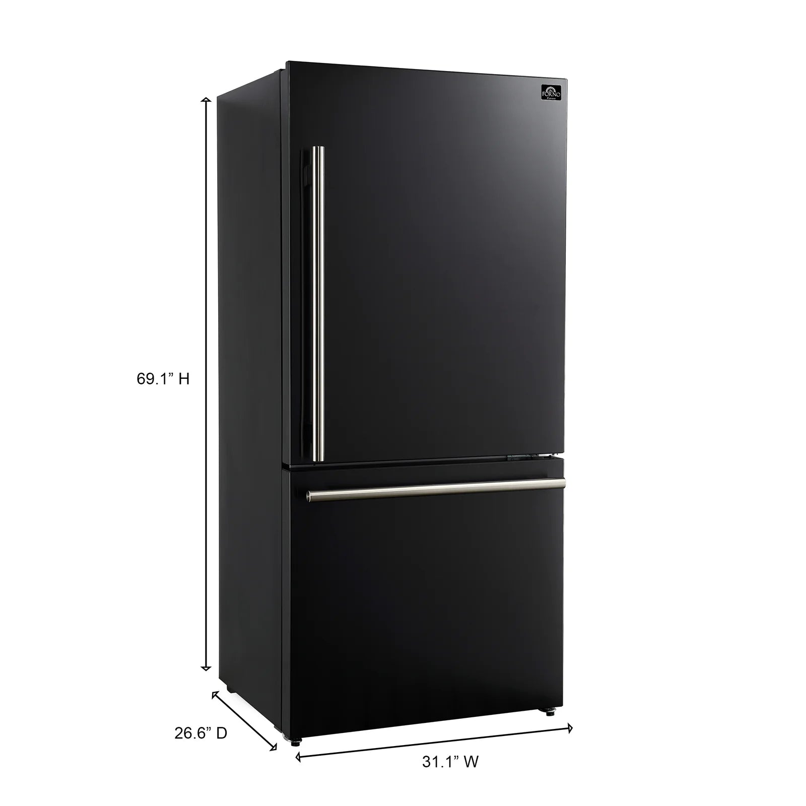 Black double-door refrigerator with stainless handles, front view