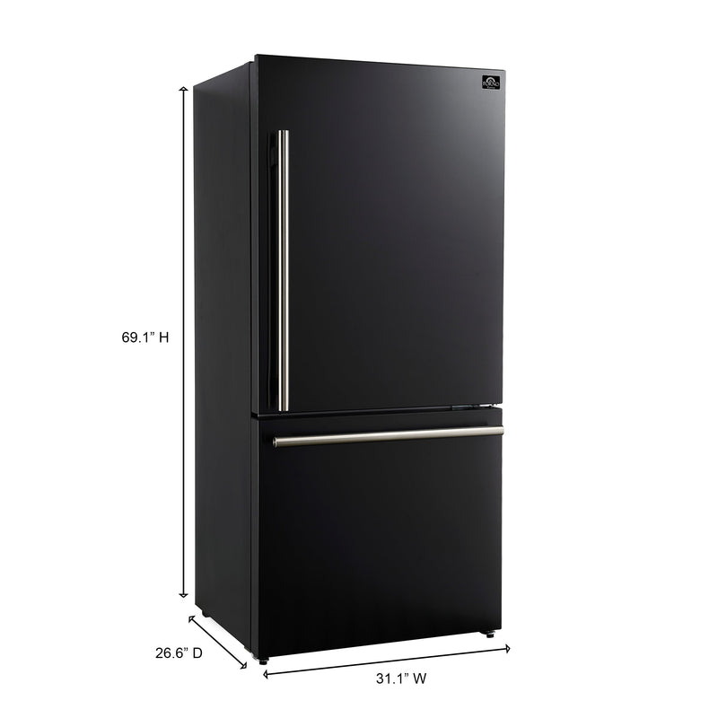 Forno Milano Espresso 31-Inch 17.2 cu. ft. Refrigerator and Bottom Freezer in Black with Antique Brass Trim, Right Hinge (FFFFD1785-31BLK)