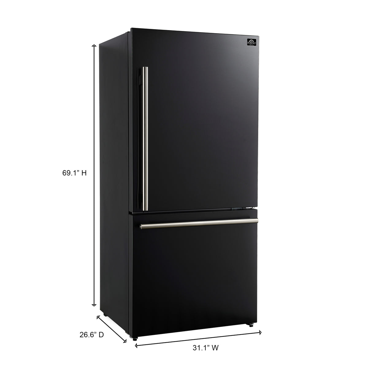 Black refrigerator with stainless handles, standard two-door design