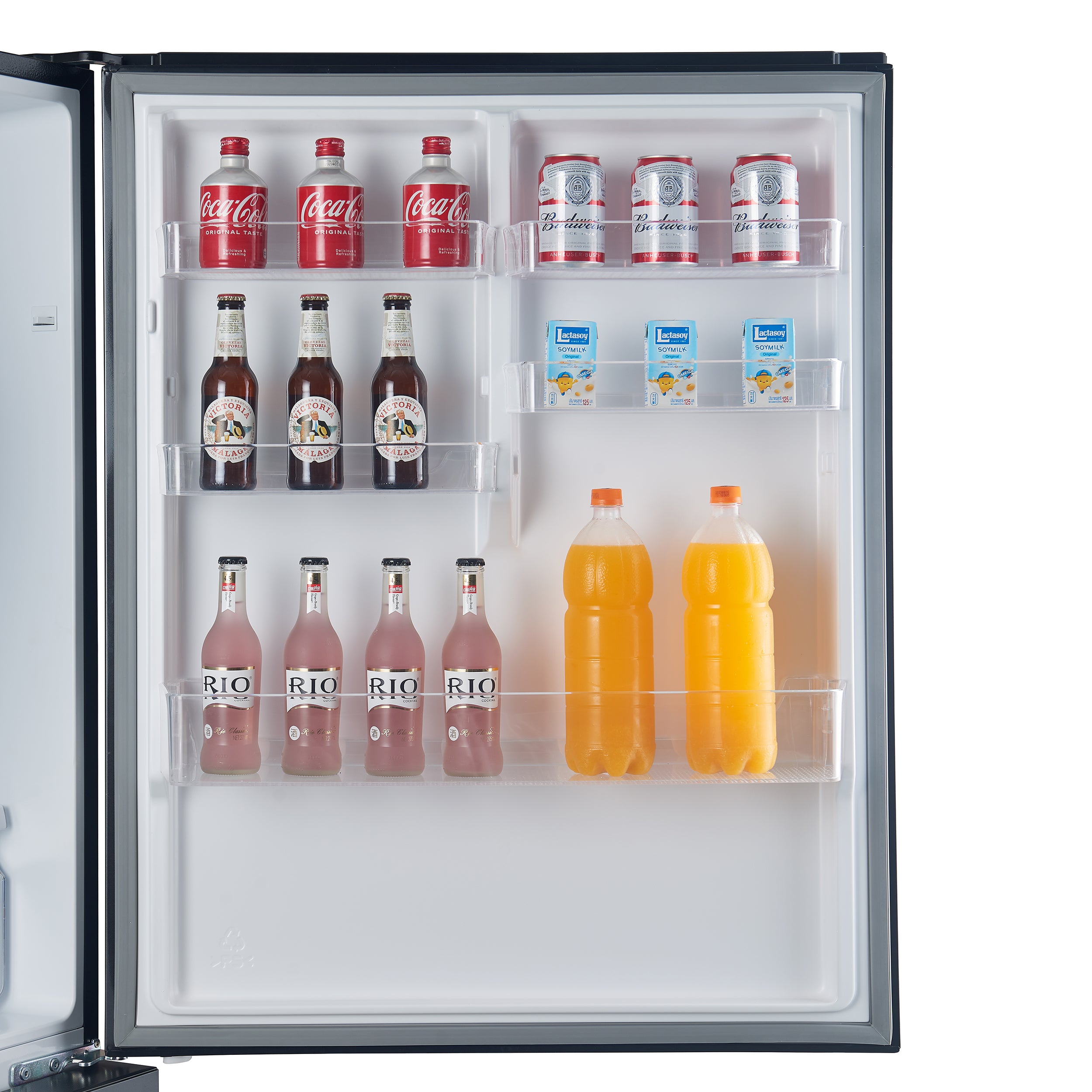 Black refrigerator door open to white interior with beverage bottles on shelves