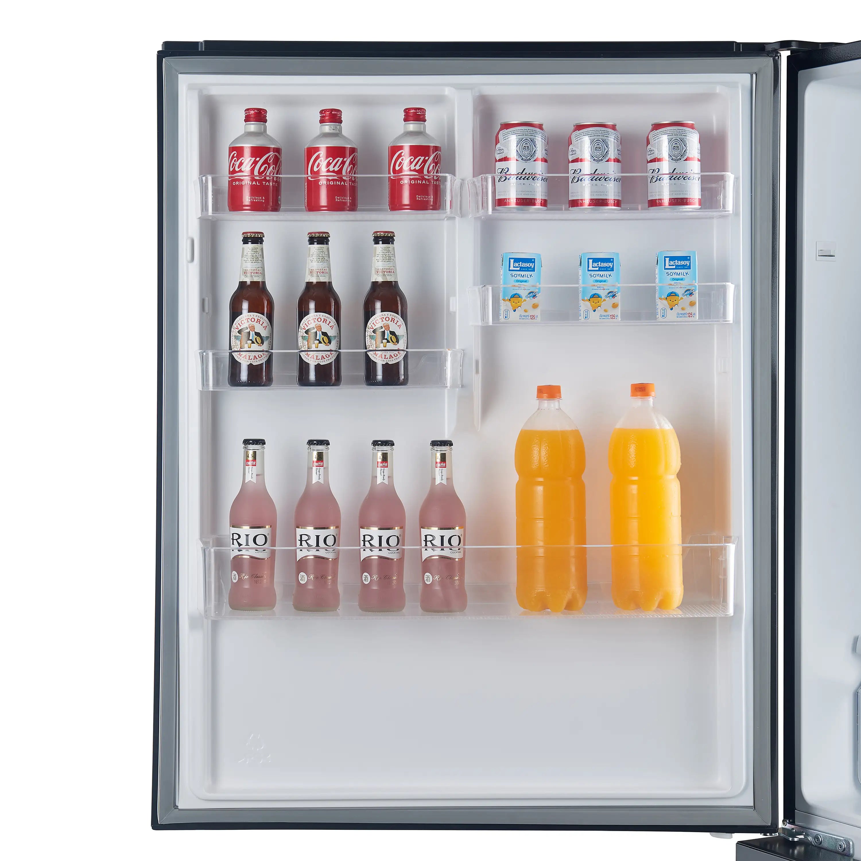 Refrigerator door open with shelves holding bottles and drinks