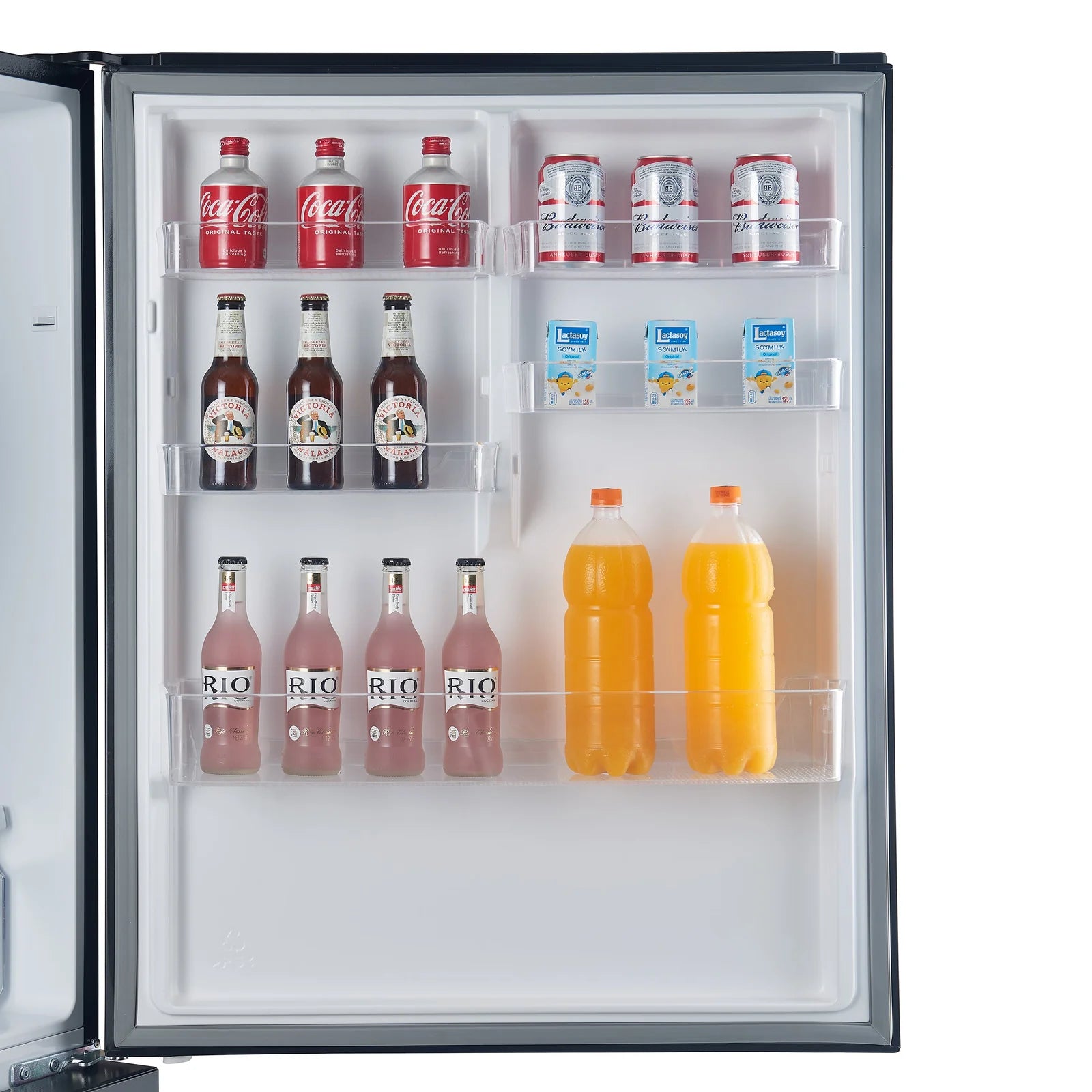 Black refrigerator door open with stocked shelves, bottles, and egg tray