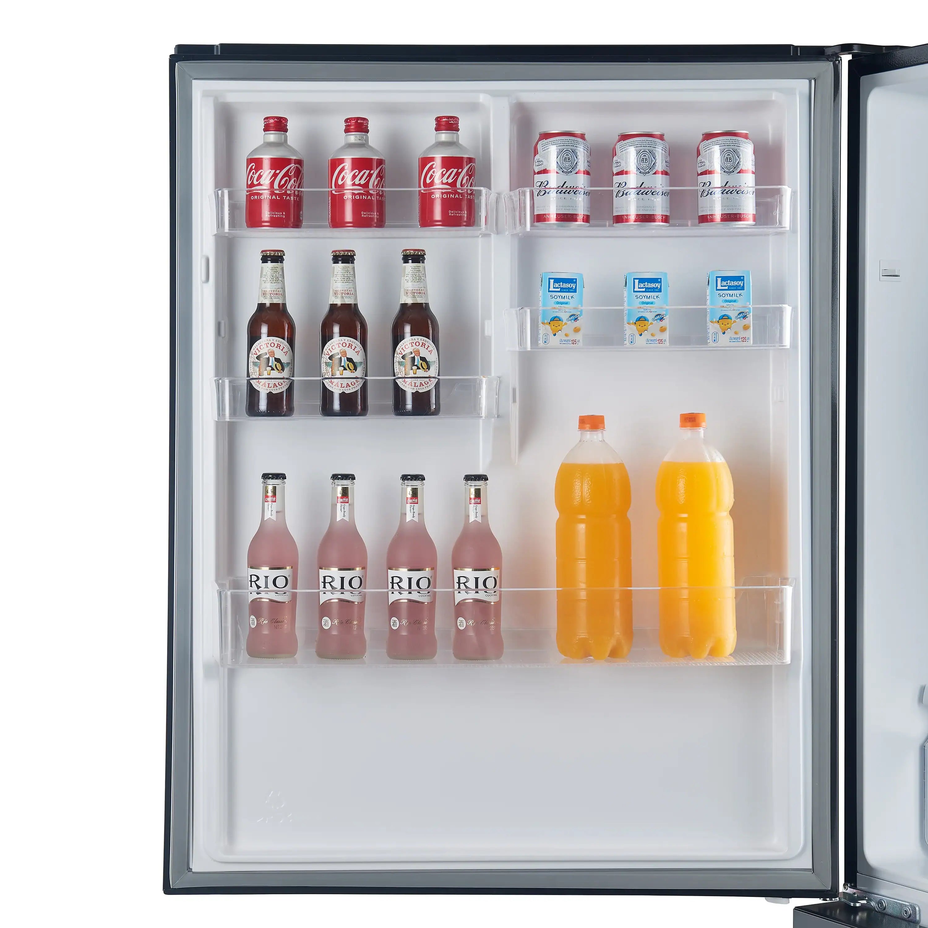 Open refrigerator interior with bottles, cans, and clear door shelving